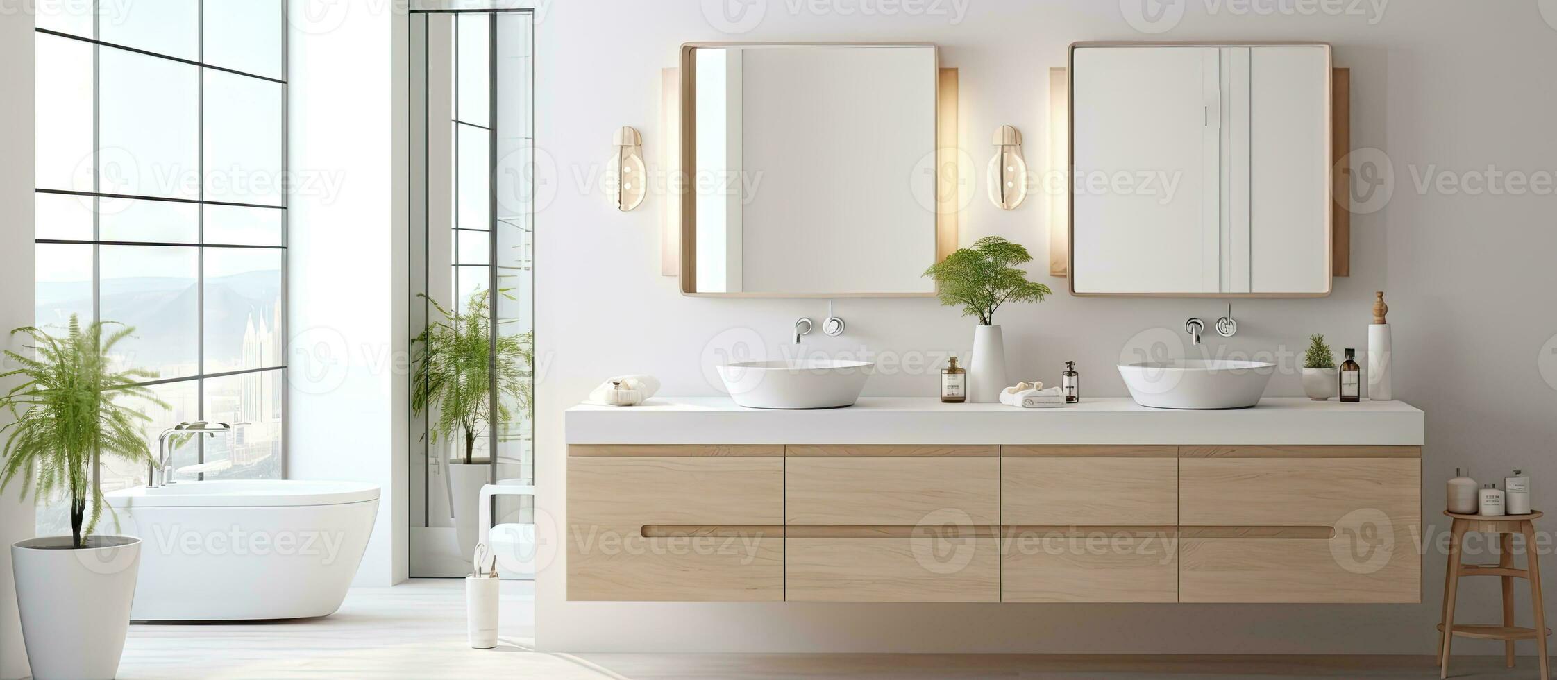 Modern home with light and spacious bathroom featuring white ceramic sinks mirrors and glass doors photo
