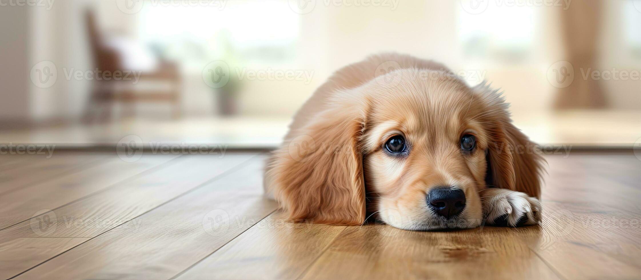 Cute dog rests on the ground photo