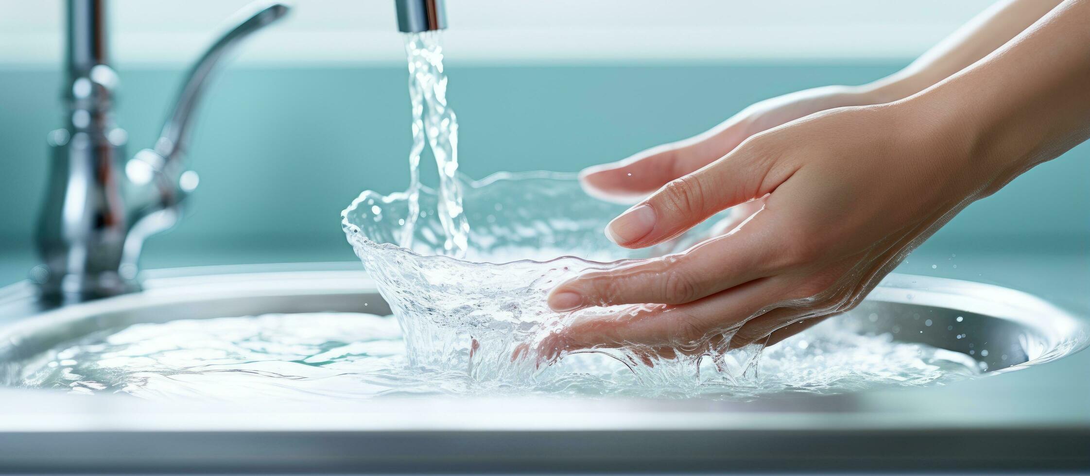 Woman rinses dishes in sink photo