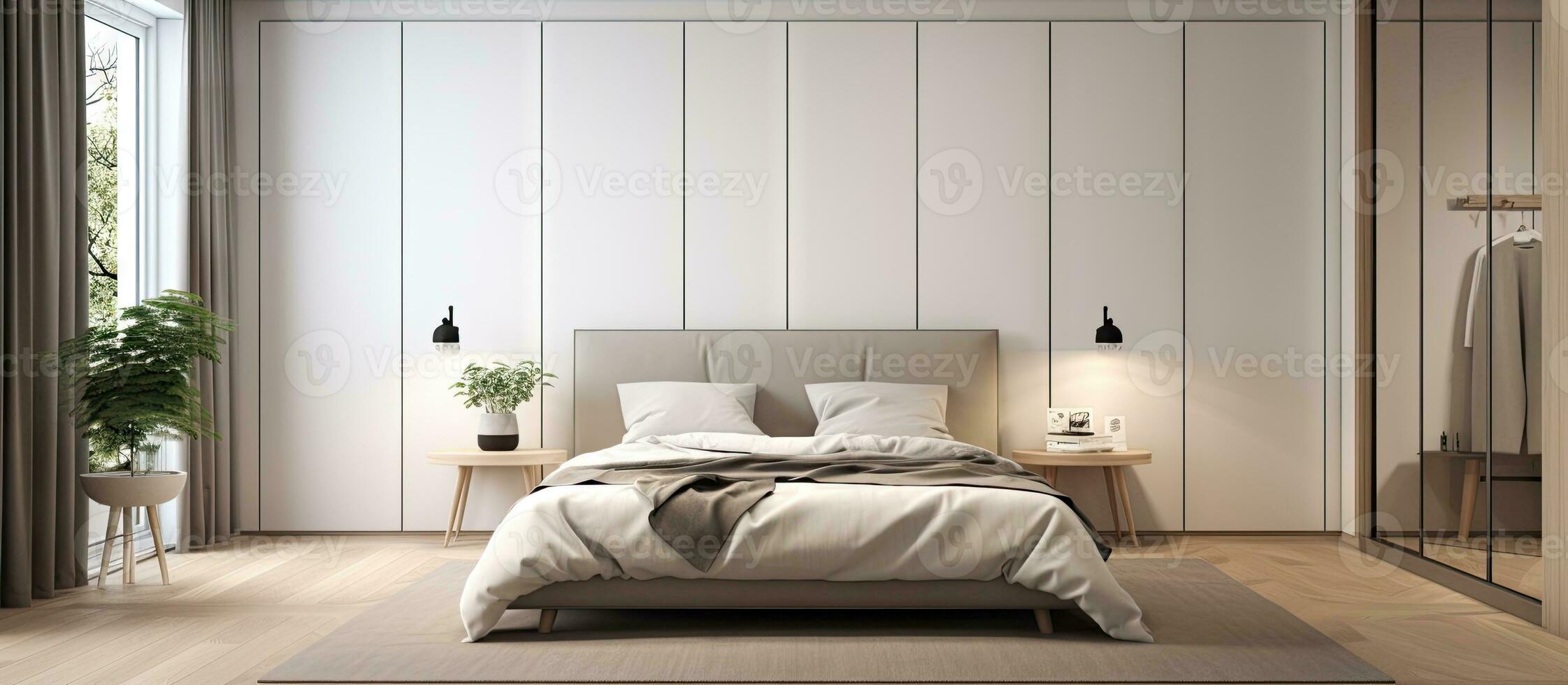 Modern bedroom with cozy bed on wood floor by white wardrobe and mirror in natural light photo