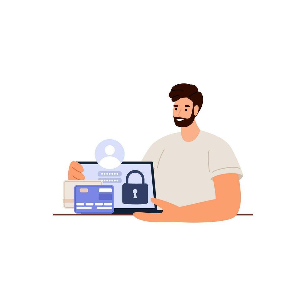 Cyber safety cyber security and privacy concept. Cyber defender and laptop. Vector illustration of Security, Personal Access, User Authorization, Internet and Data Protection, Cybersecurity.