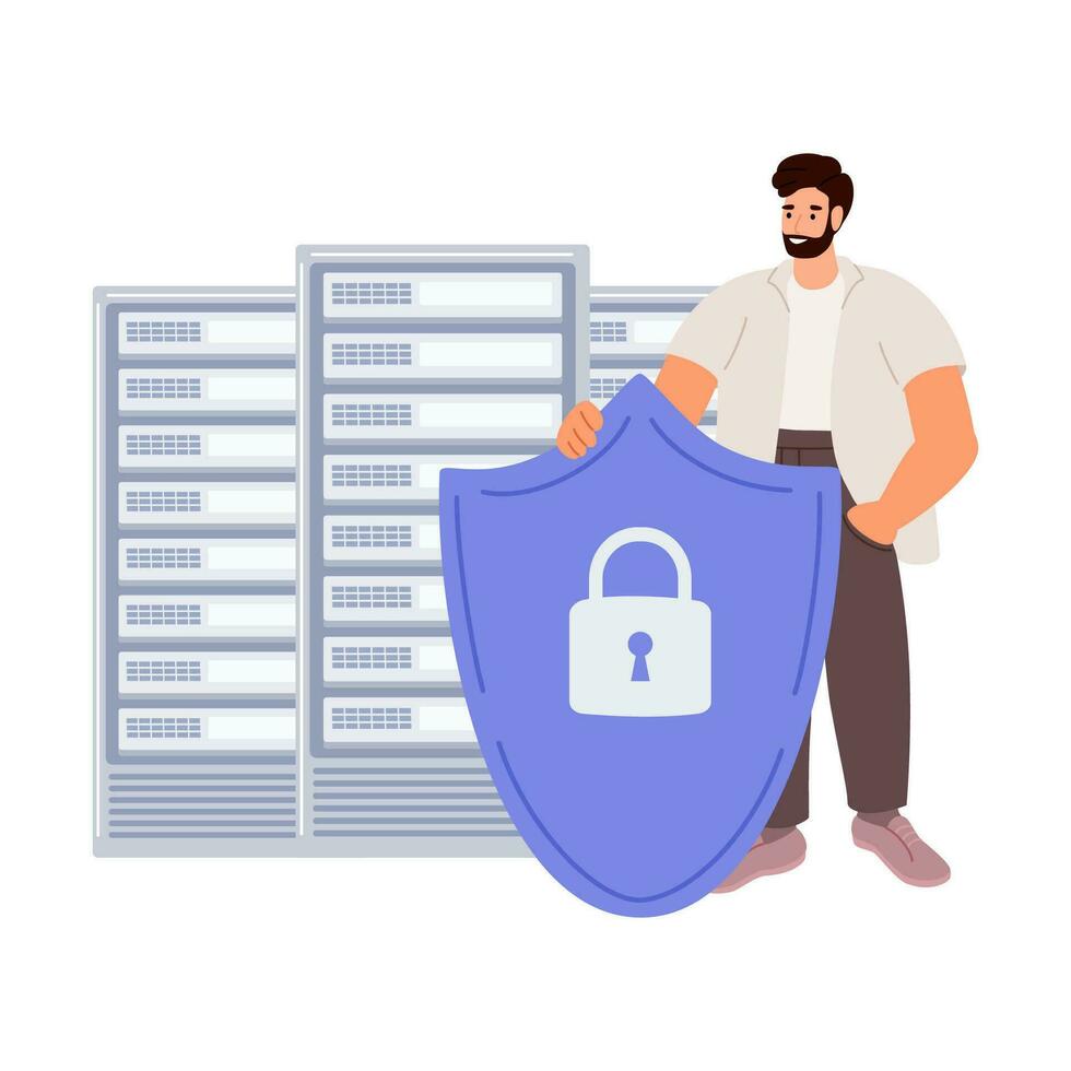 Data center concept. Cyber defender protects data. Vector illustration of Security, Personal Access, User Authorization, Internet and Data Protection, Cybersecurity.