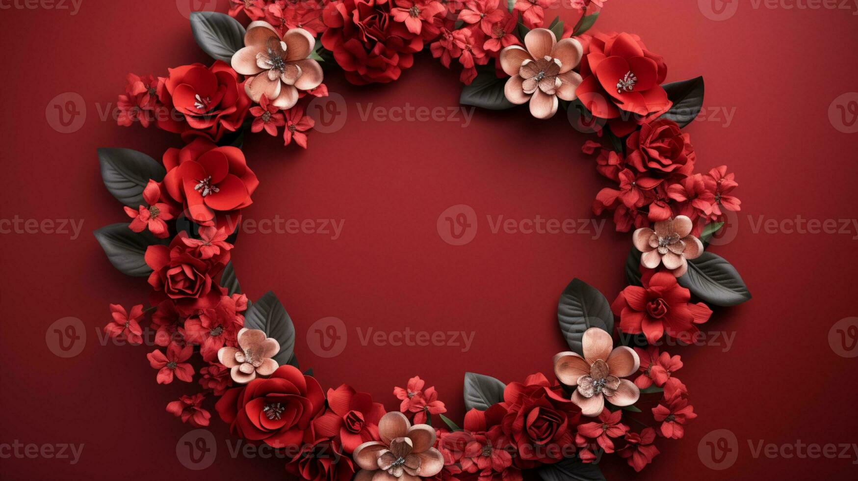 Top view of Blooming colorful wreath flowers and petals isolated on red table background, Floral frame composition, copy space, flat lay, AI Generative photo