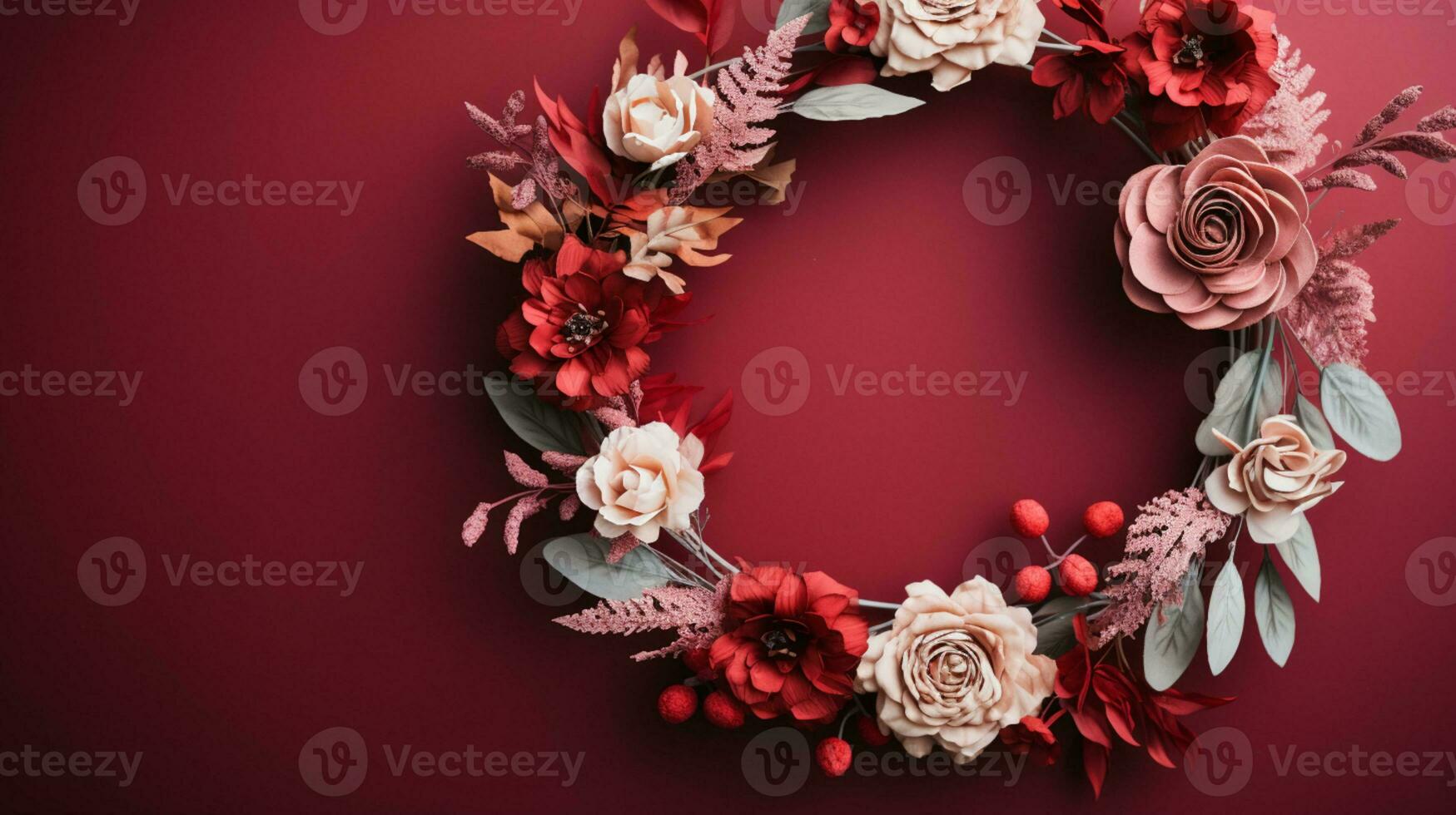 Top view of Blooming colorful wreath flowers and petals isolated on red table background, Floral frame composition, copy space, flat lay, AI Generative photo