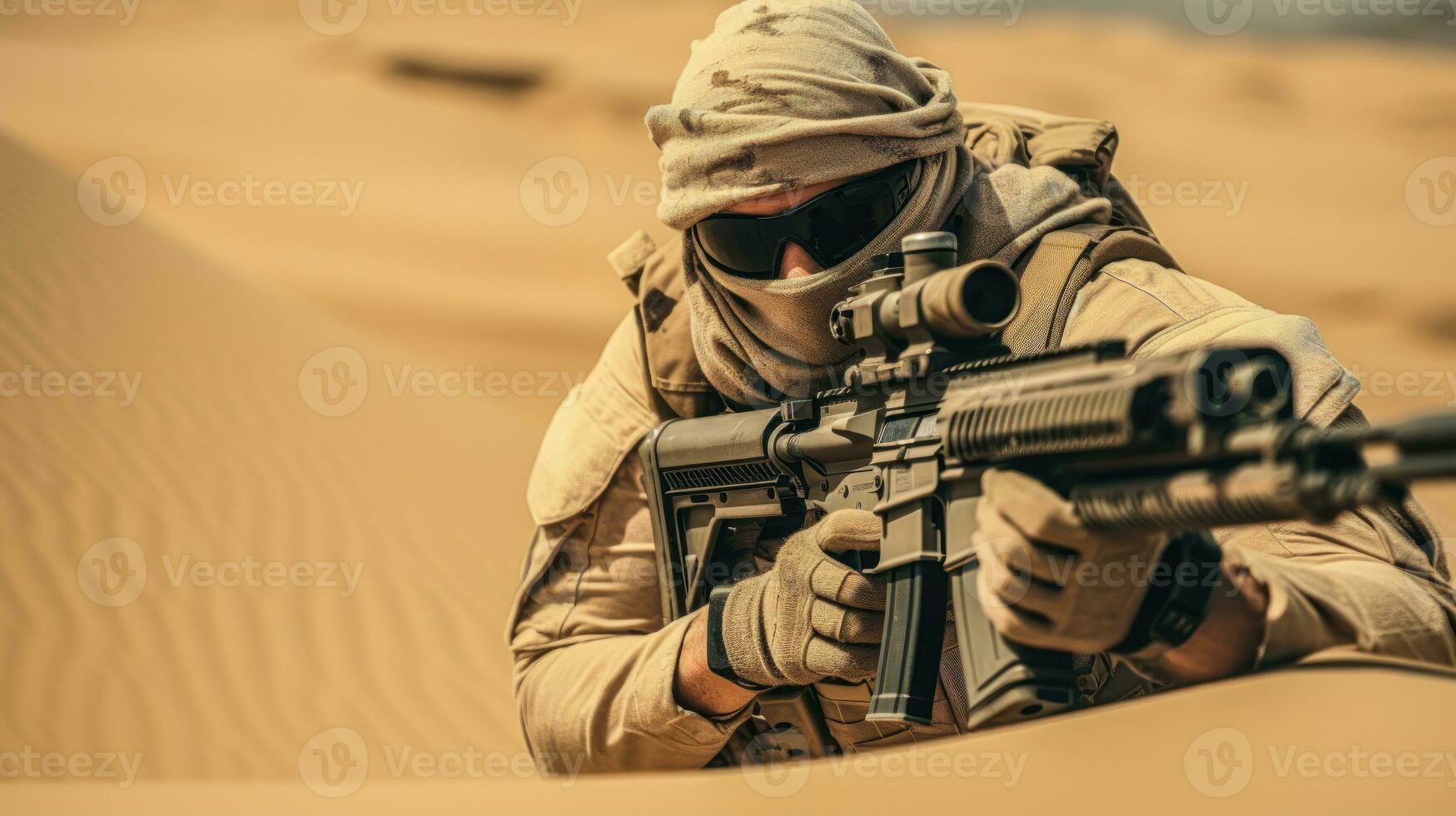 Desierto invasión armado soldados en camuflaje y mascaras agresor ai generado foto