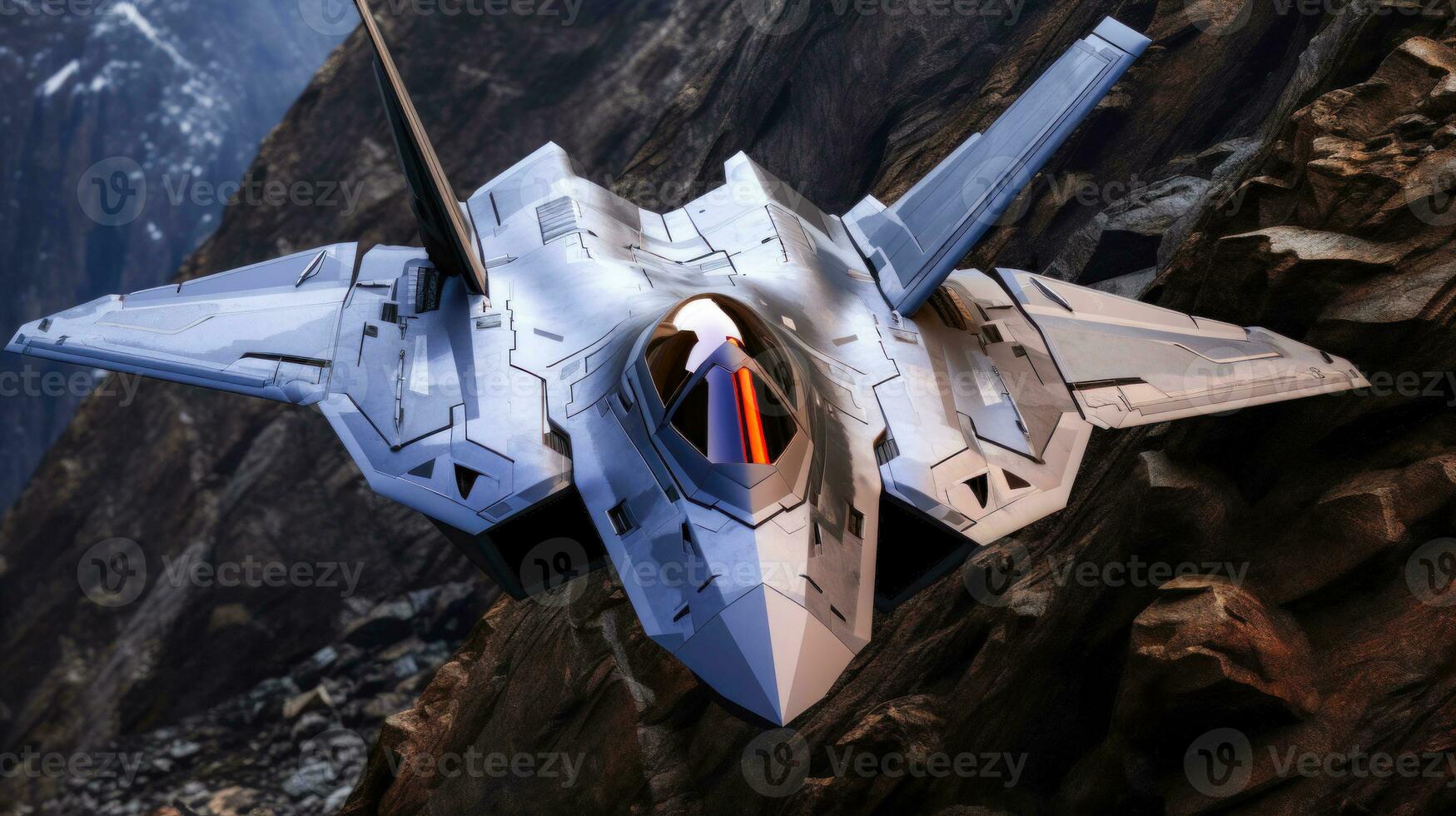 Hybrid Fighter Jet The Ultimate White Air Warfare Machine in Air passing from Mountain AI Generated photo