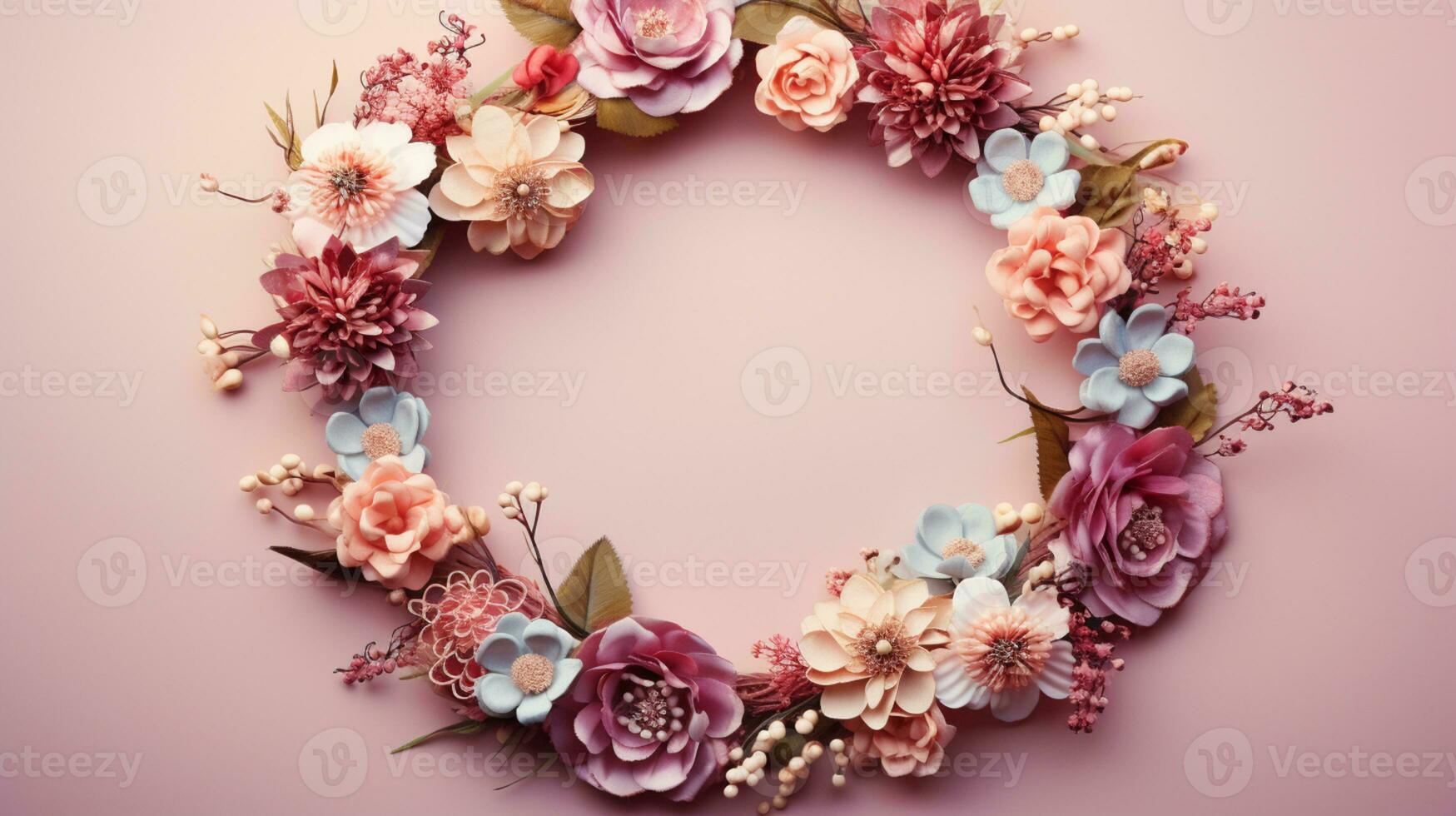 Top view of Blooming colorful wreath flowers and petals isolated on pastel table background, Floral frame composition, copy space, flat lay, AI Generative photo