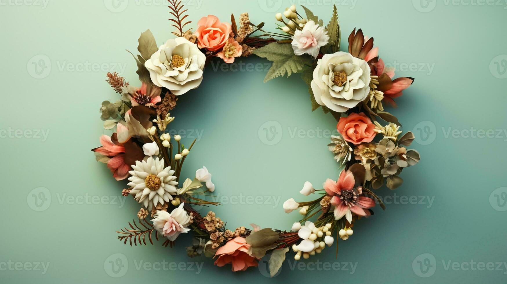 Top view of Blooming colorful wreath flowers and petals isolated on green table background, Floral frame composition, copy space, flat lay, AI Generative photo