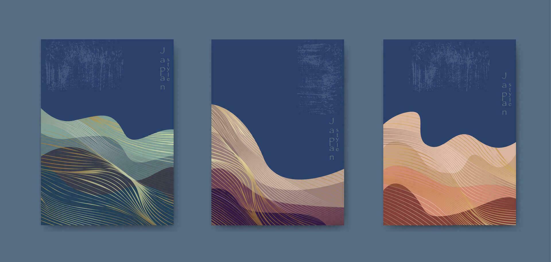 Japanese wave pattern with abstract landscape art background vector. Water surface and ocean elements template in vintage style. vector