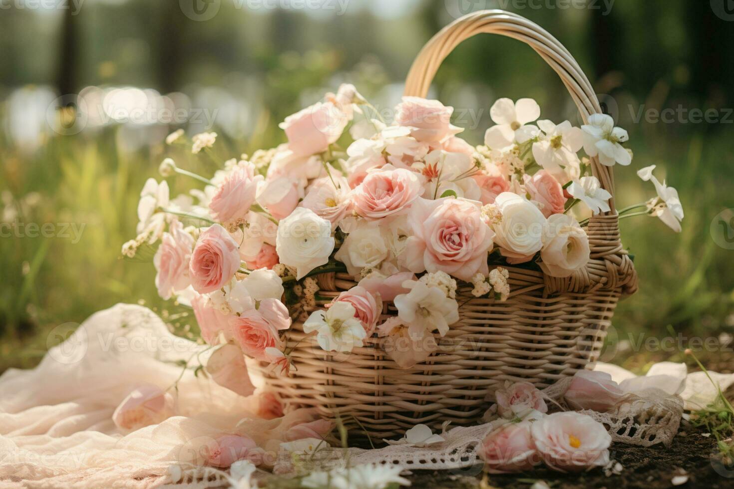 Beautiful basket of flower, copy space, Isolate Concept Valentine's Day, Mother's Day. Holiday gift, AI Generated photo