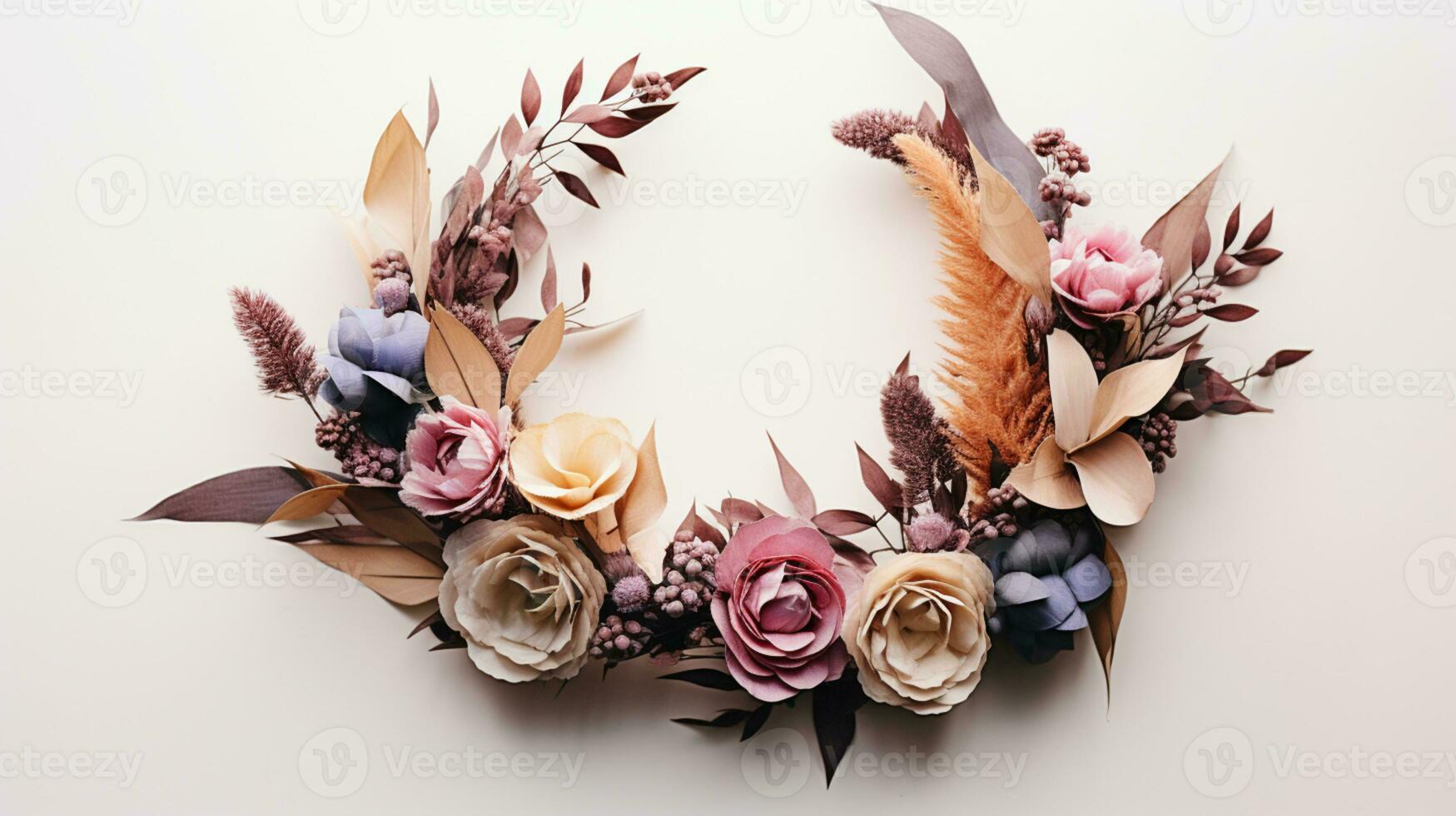 Top view of Blooming colorful wreath flowers and petals isolated on white table background, Floral frame composition, copy space, flat lay, AI Generative photo