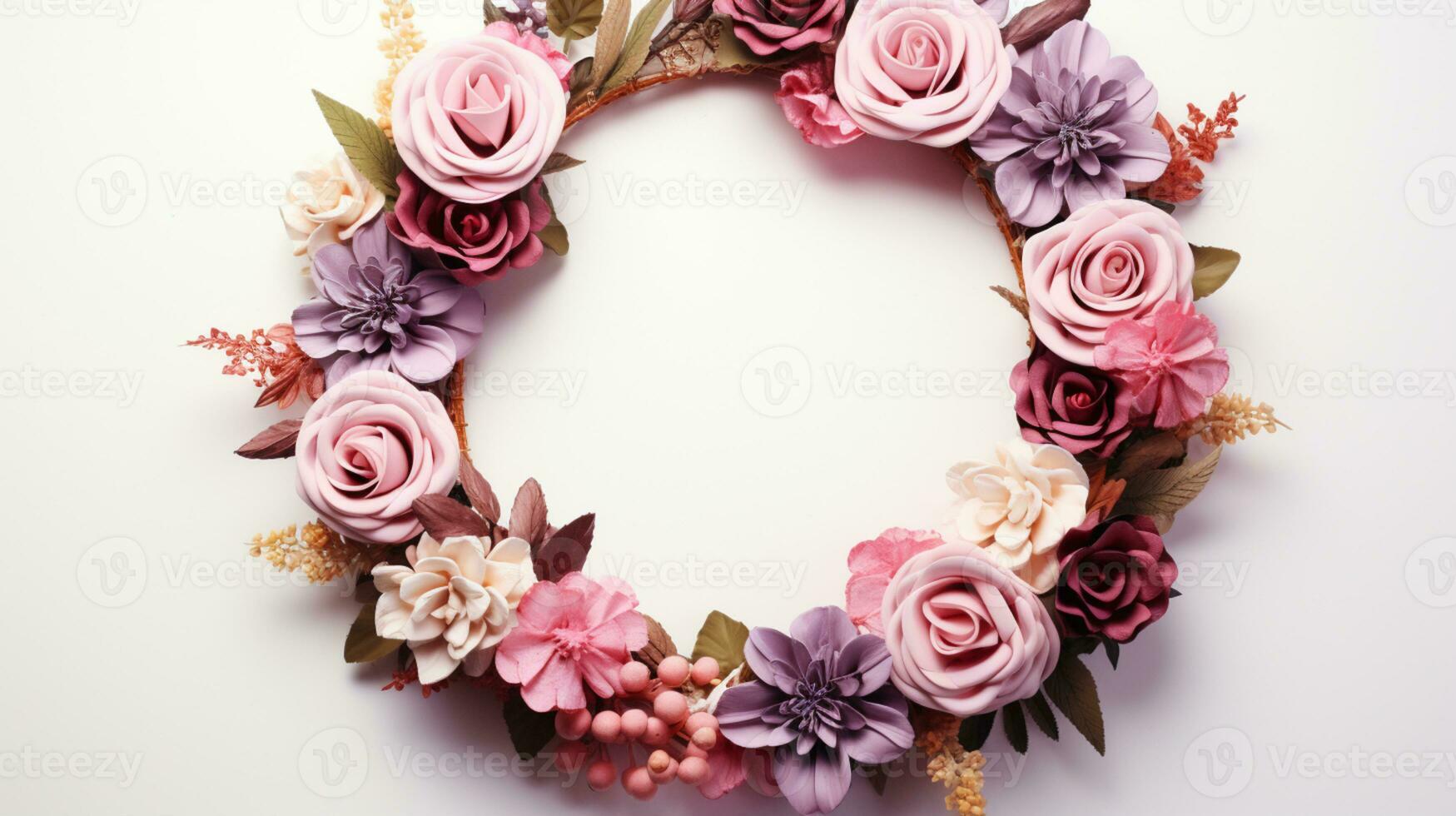 Top view of Blooming colorful wreath flowers and petals isolated on white table background, Floral frame composition, copy space, flat lay, AI Generative photo