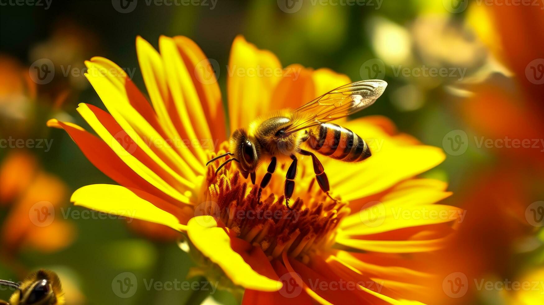 Closeup of a Honey Bee on a Yellow Flower in Summer AI Generative photo