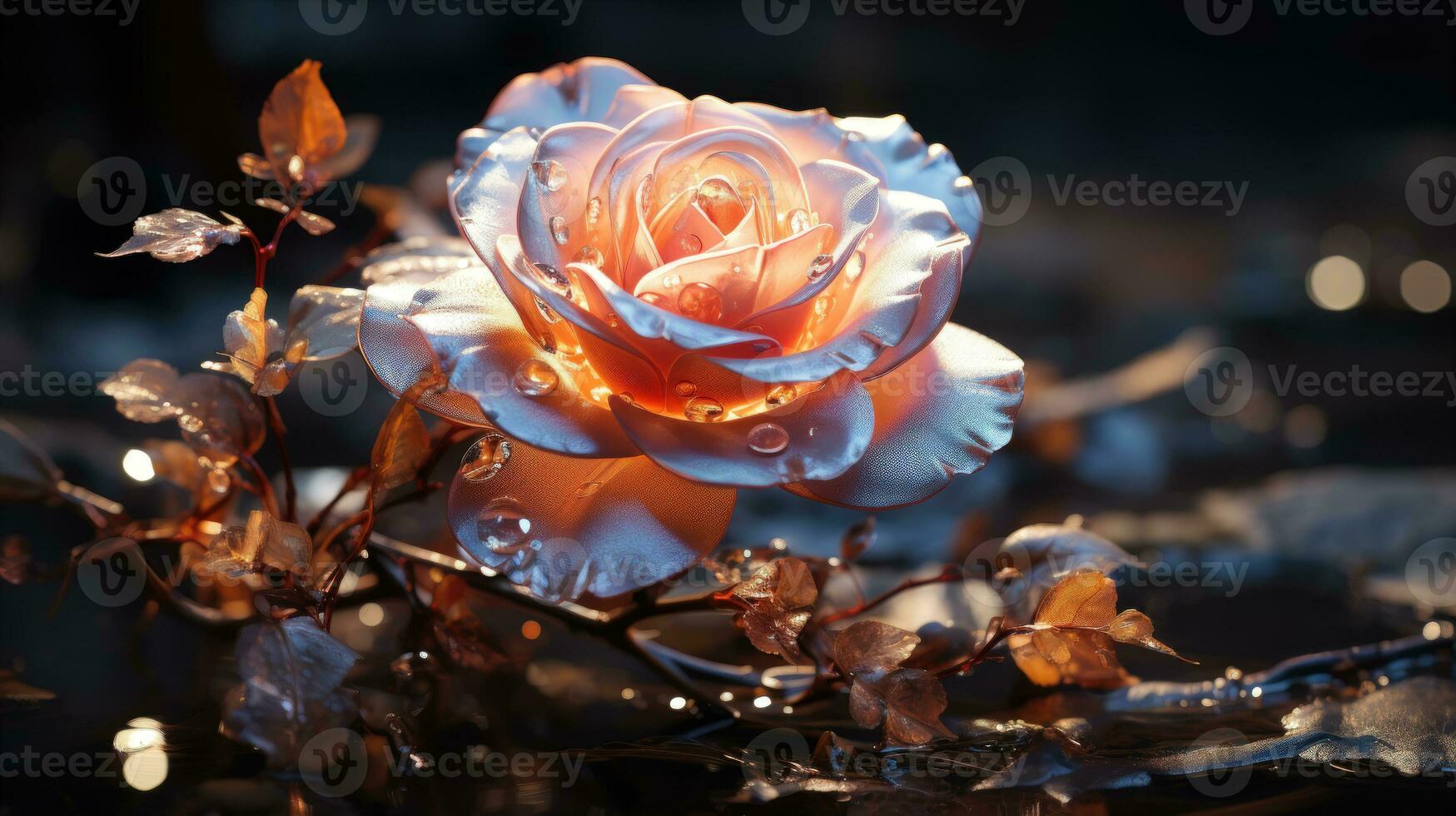 Peach Rose with Dew Drops A Beautiful and Elegant Flower on a Dark Background photo