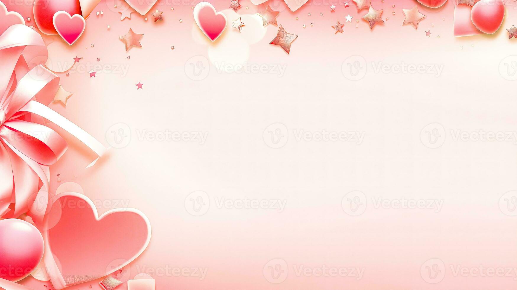 Cute and Girly Pink Background with Hearts Stars and Ribbons for Love Celebration AI Generative photo
