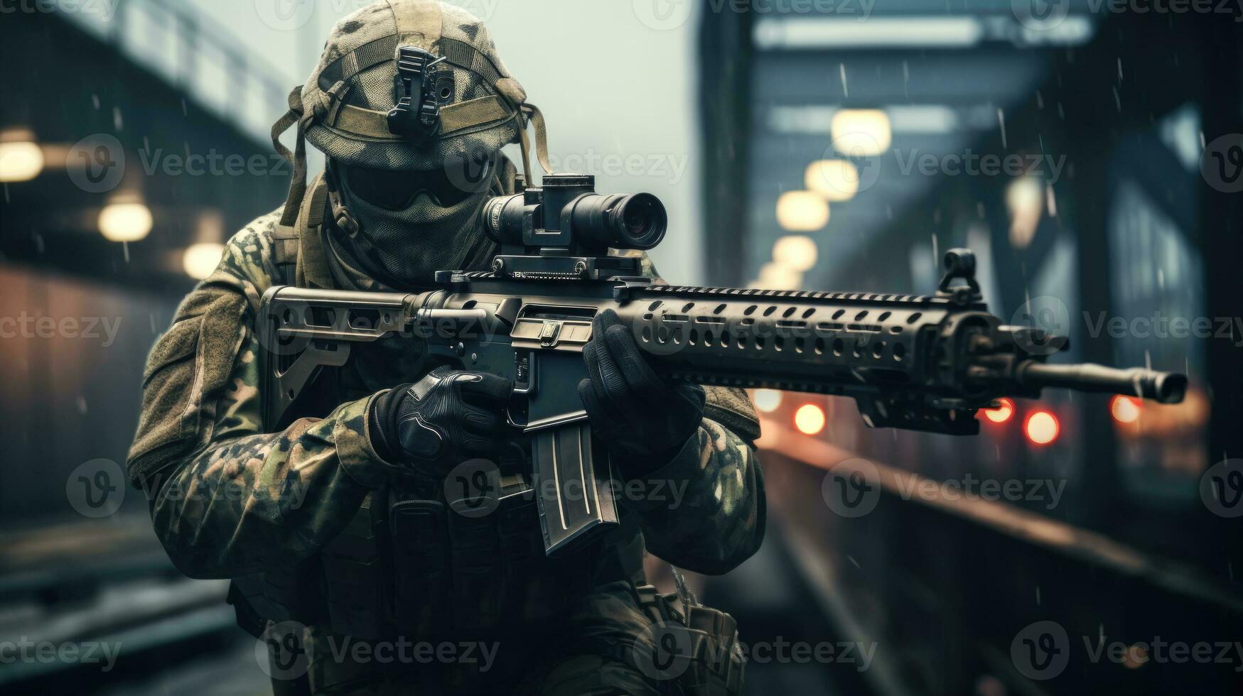 especial efectivo francotirador con hk 416 rifle en tren estación ai generado foto