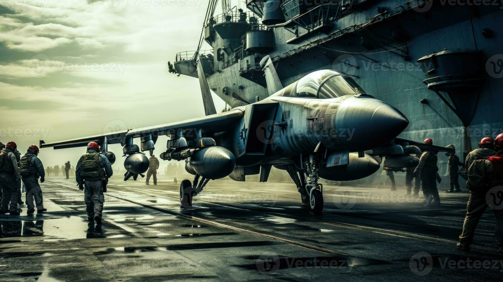 Navy Pilot with Attack Aircraft on War Transport Ship AI Generated photo