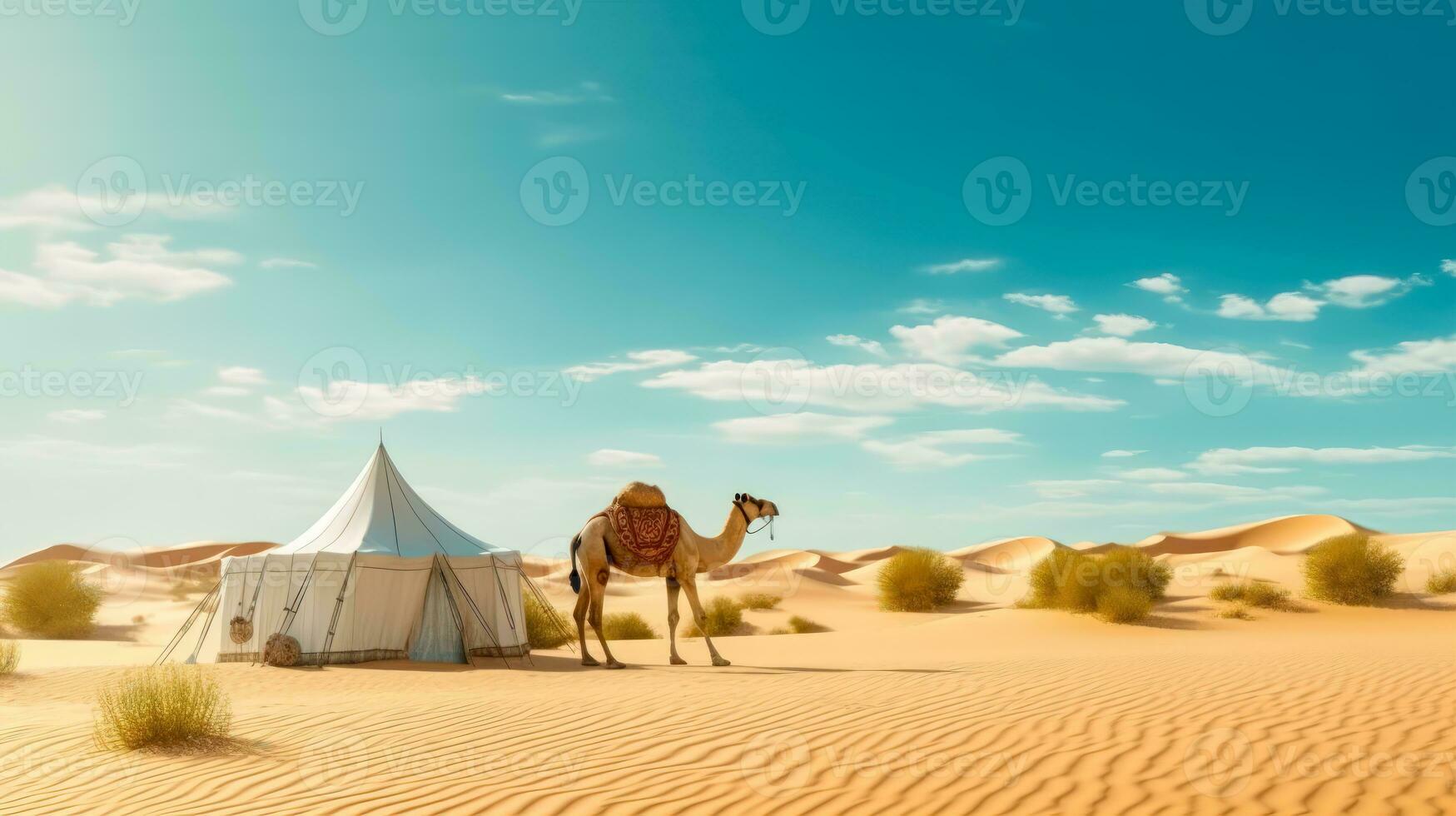 sereno Desierto escena con camello y blanco tienda minimalista Desierto belleza en arena dunas ai generado foto