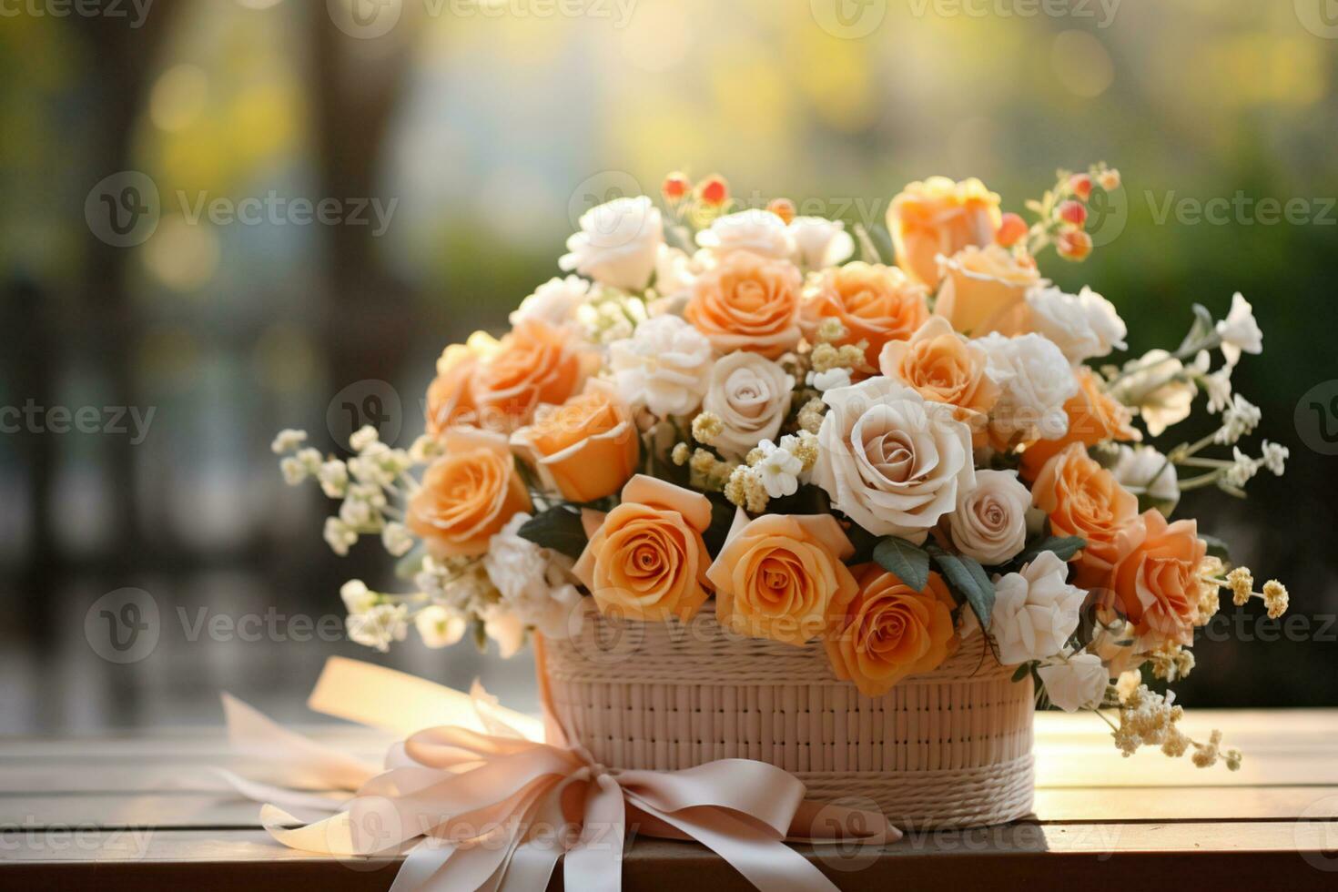 Beautiful basket of flower, copy space, Isolate Concept Valentine's Day, Mother's Day. Holiday gift, AI Generated photo