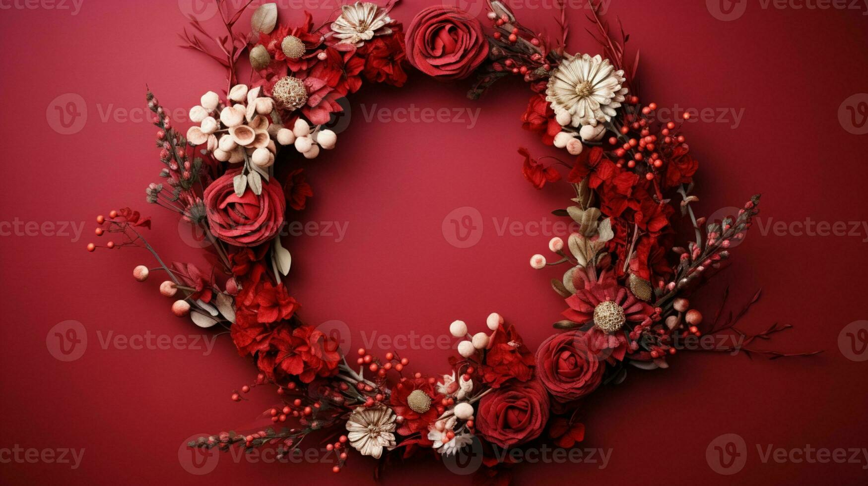 Top view of Blooming colorful wreath flowers and petals isolated on red table background, Floral frame composition, copy space, flat lay, AI Generative photo