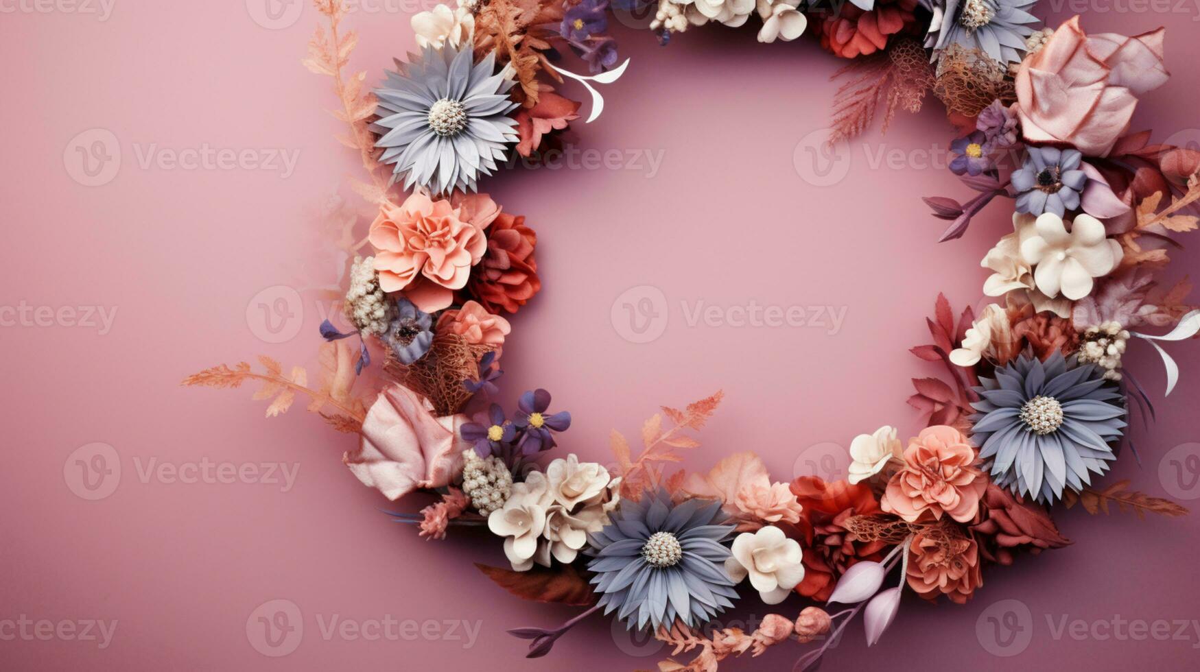 Top view of Blooming colorful wreath flowers and petals isolated on pastel table background, Floral frame composition, copy space, flat lay, AI Generative photo