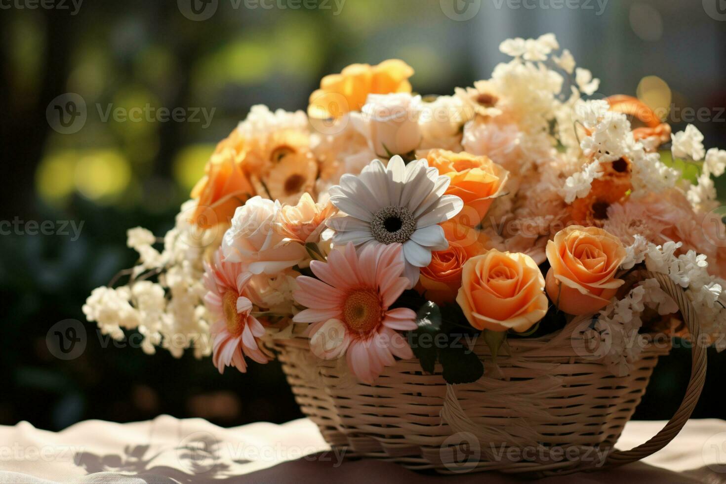 Beautiful basket of flower, copy space, Isolate Concept Valentine's Day, Mother's Day. Holiday gift, AI Generated photo