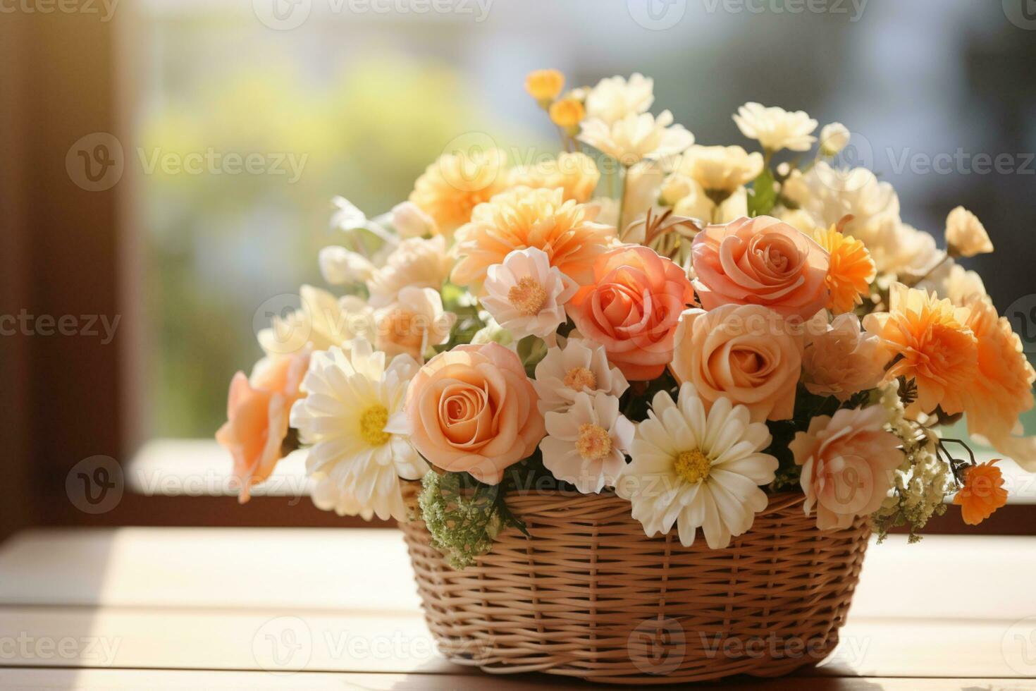 Beautiful basket of flower, copy space, Isolate Concept Valentine's Day, Mother's Day. Holiday gift, AI Generated photo