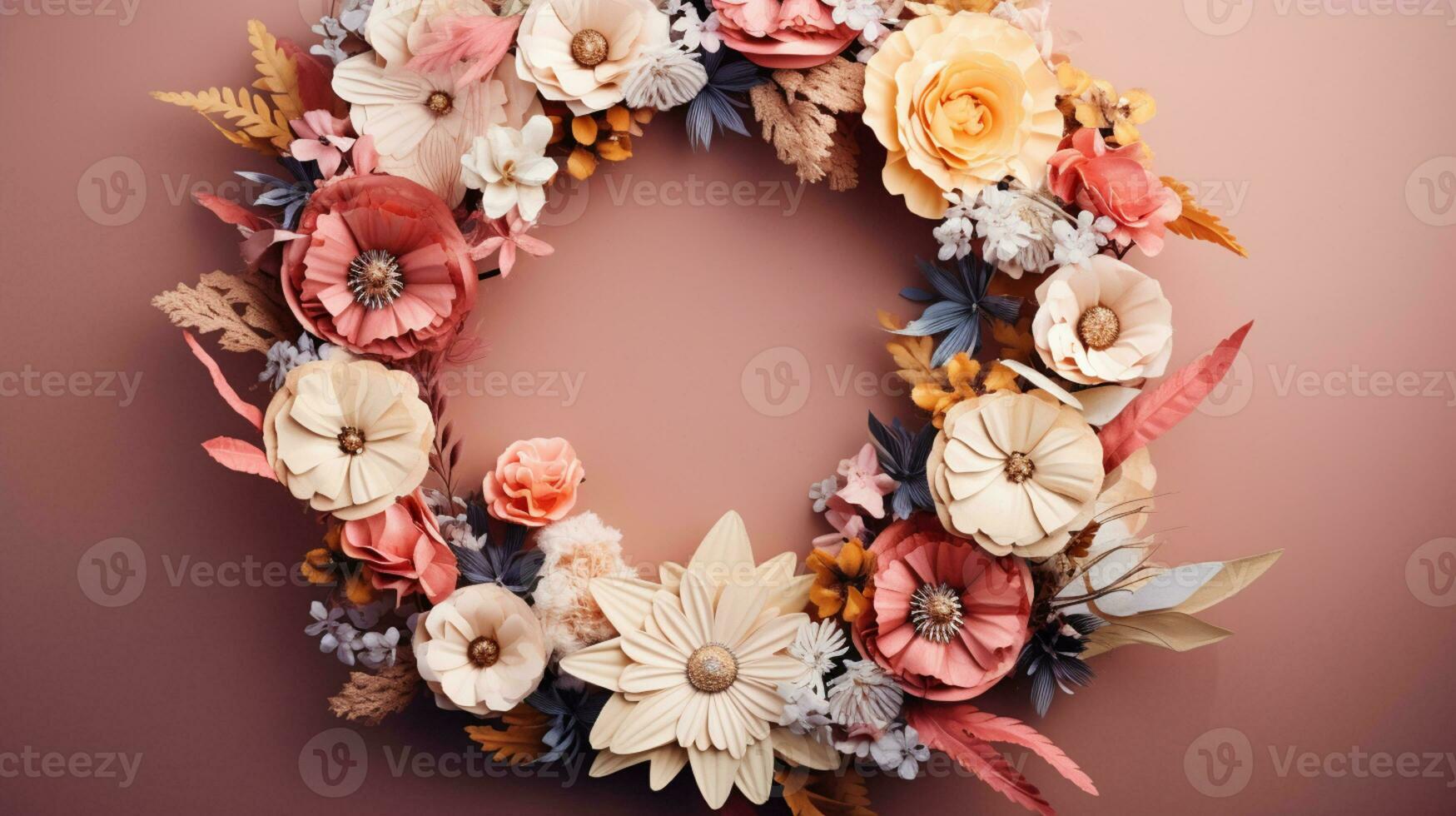 Top view of Blooming colorful wreath flowers and petals isolated on pastel table background, Floral frame composition, copy space, flat lay, AI Generative photo