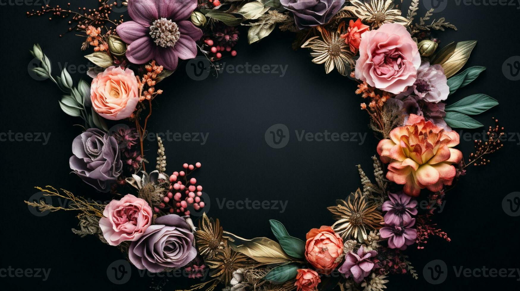 Top view of Blooming colorful wreath flowers and petals isolated on table black background, Floral frame composition, copy space, flat lay, AI Generative photo