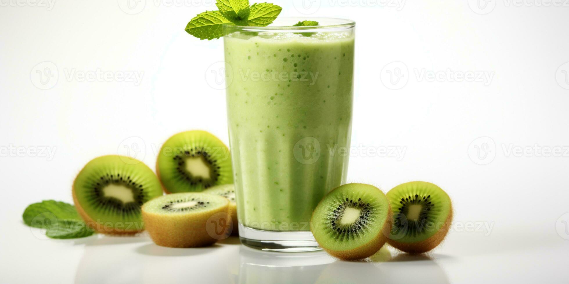 close up of Fresh Kiwi Juice with fruits on table, isolated on white background, AI Generated photo