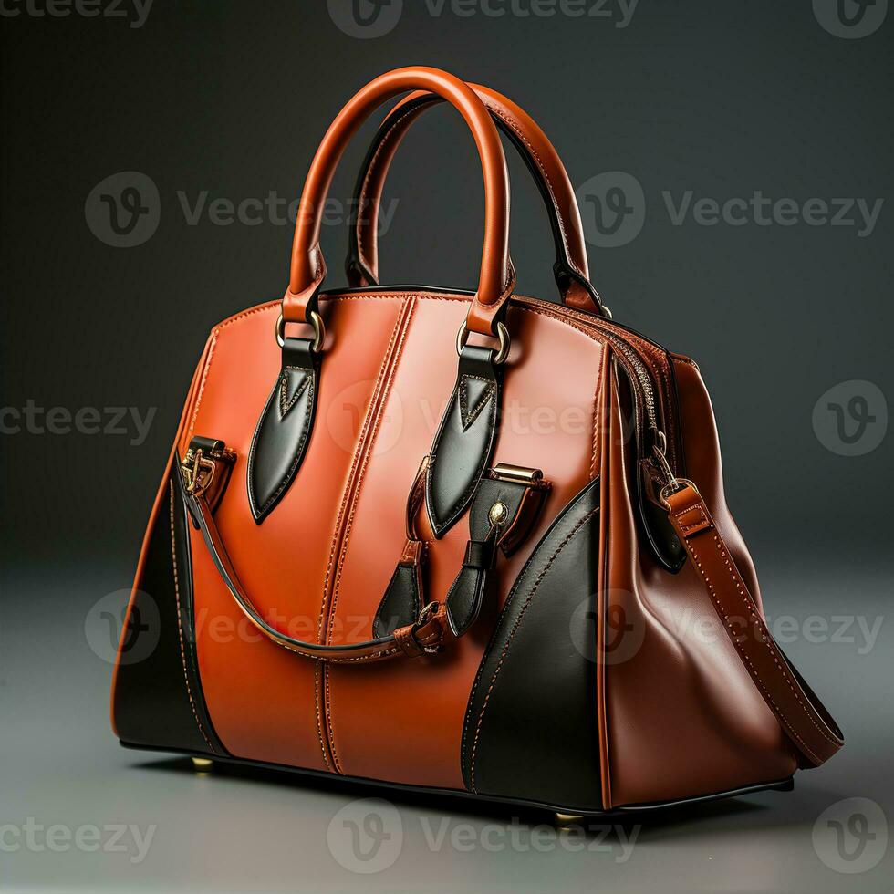 Luxury Leather Handbag and minimalistic backdrop. Created with Generative AI photo