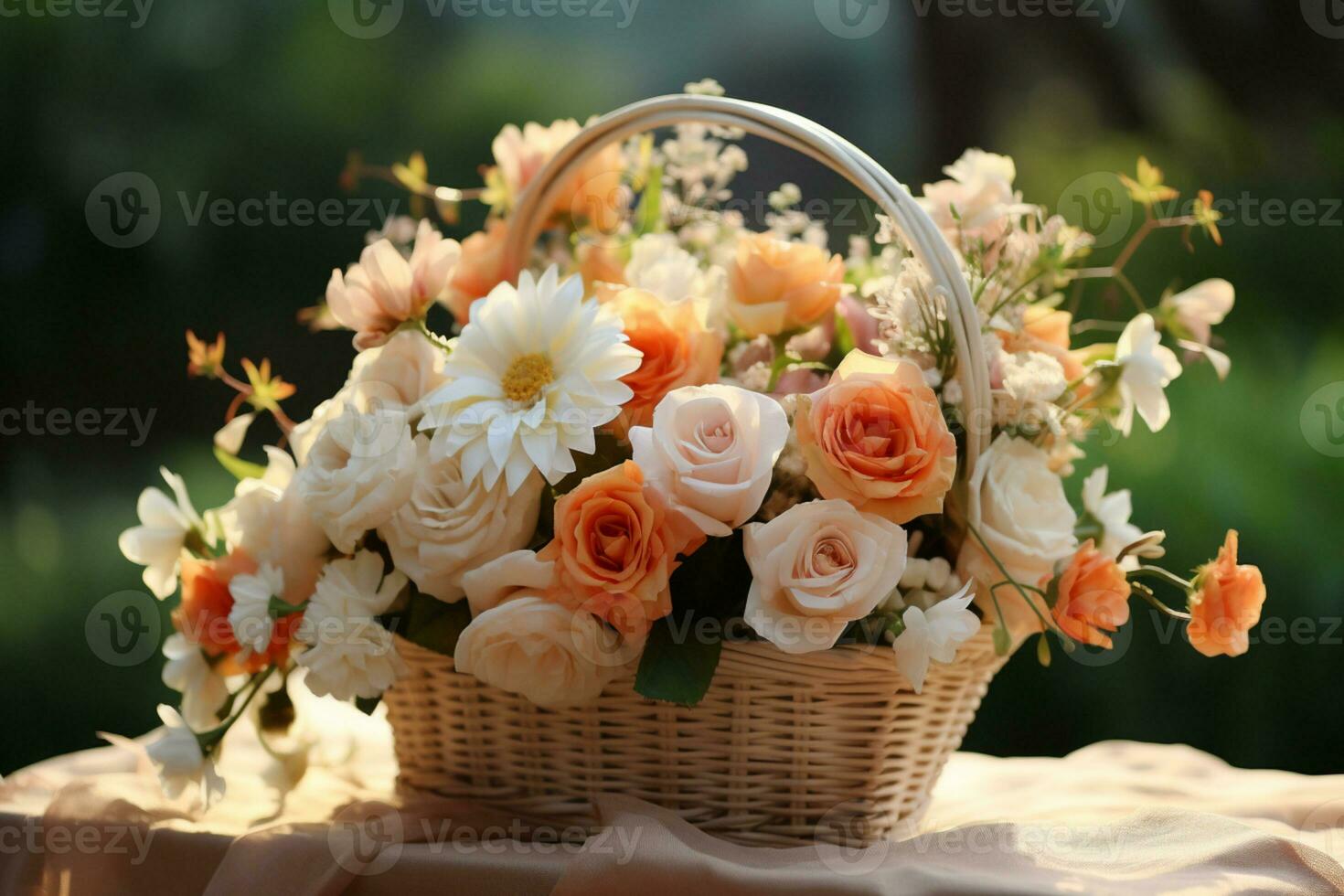 Beautiful basket of flower, copy space, Isolate Concept Valentine's Day, Mother's Day. Holiday gift, AI Generated photo