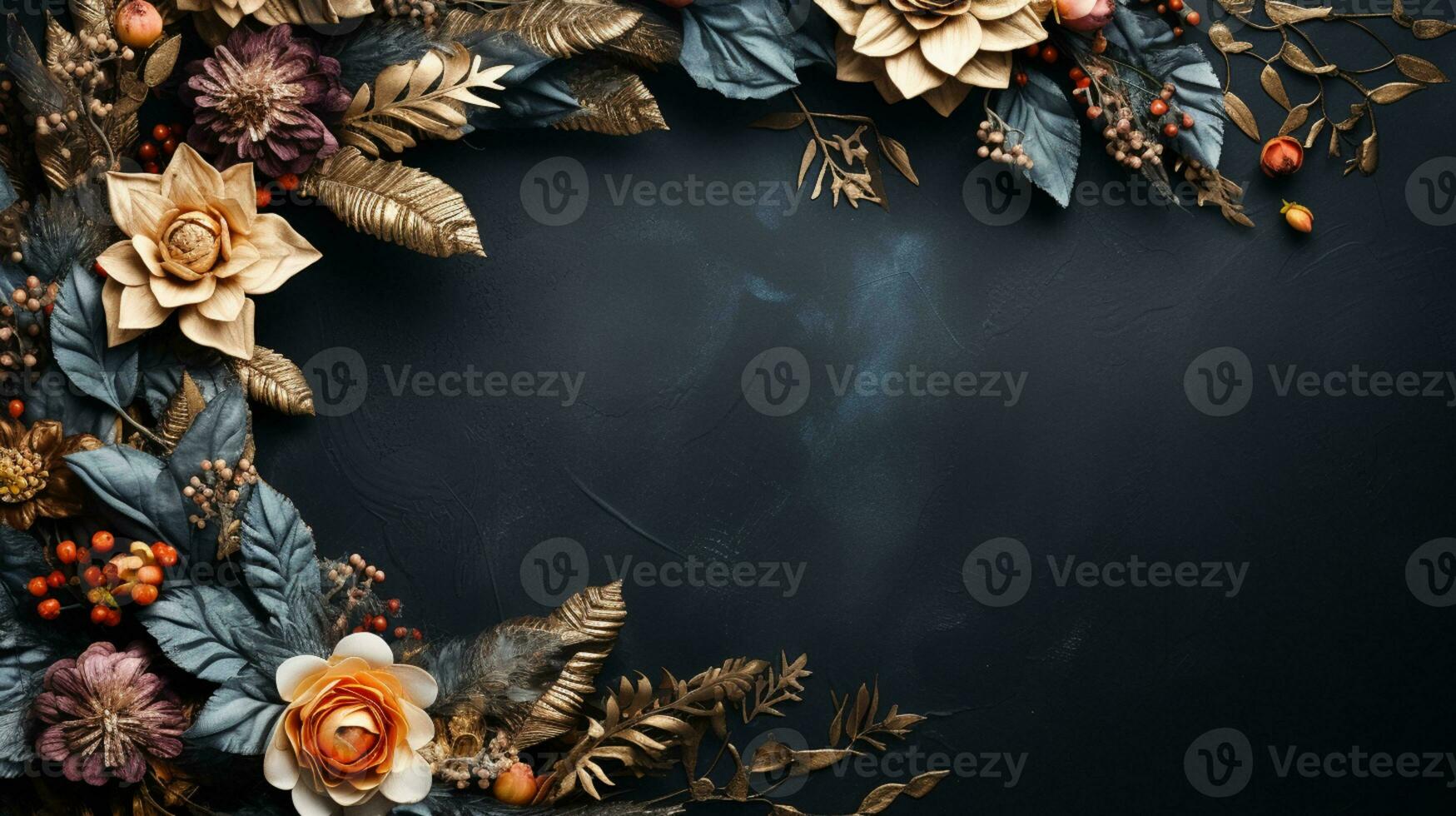 parte superior ver de floreciente vistoso guirnalda flores y pétalos aislado en mesa negro fondo, floral marco composición, Copiar espacio, plano poner, ai generativo foto