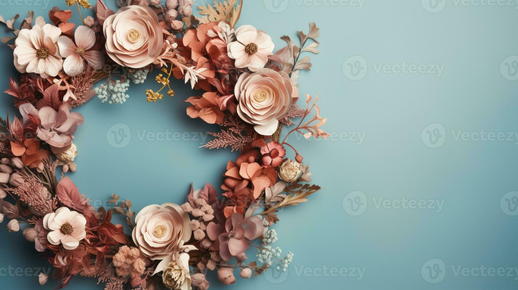 Top view of Blooming colorful wreath flowers and petals isolated on pastel table background, Floral frame composition, copy space, flat lay, AI Generative photo