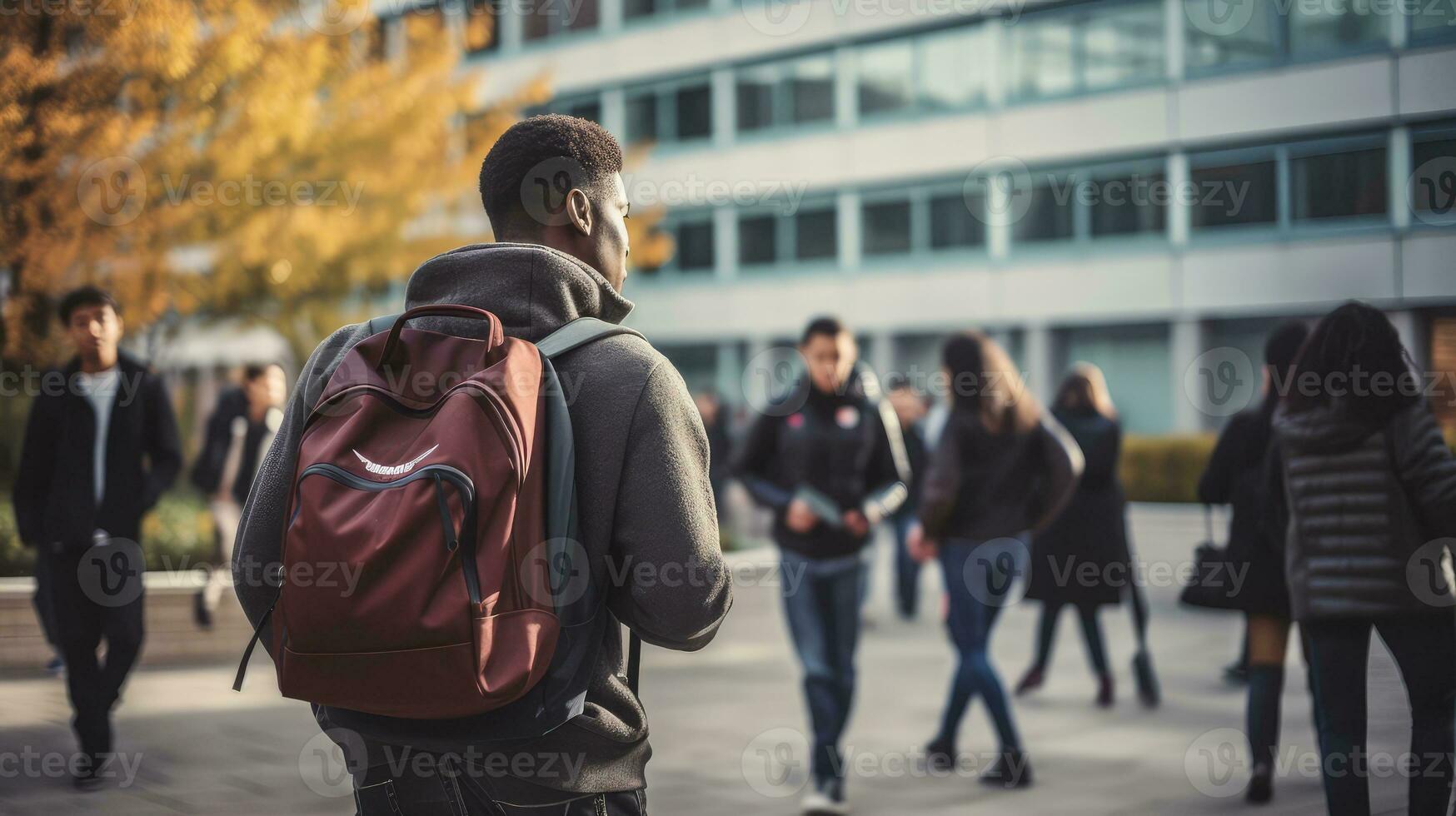 Immigrant African American refugee man with a backpack on his back stands with his back. Looks at the university building. A young student came to study in a European city. Adaptation of refugees photo