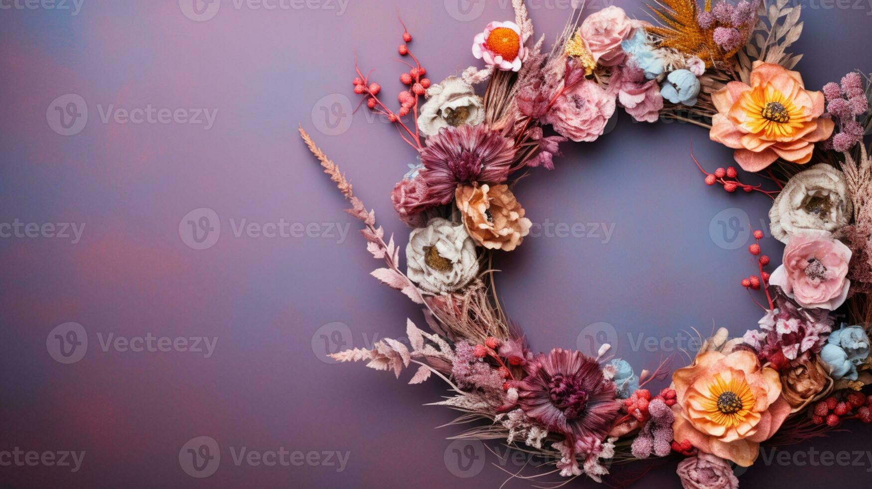 Top view of Blooming colorful wreath flowers and petals isolated on pastel table background, Floral frame composition, copy space, flat lay, AI Generative photo