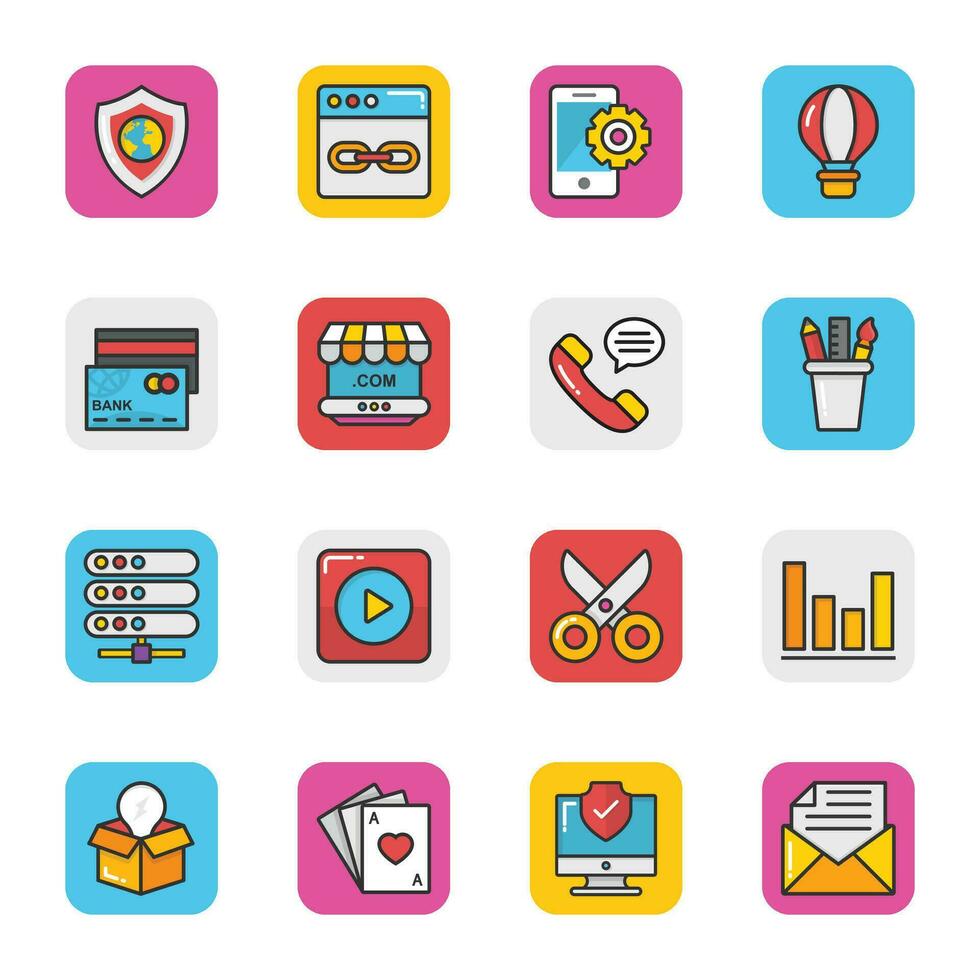 Pack of SEO and Multimedia Flat Icons vector