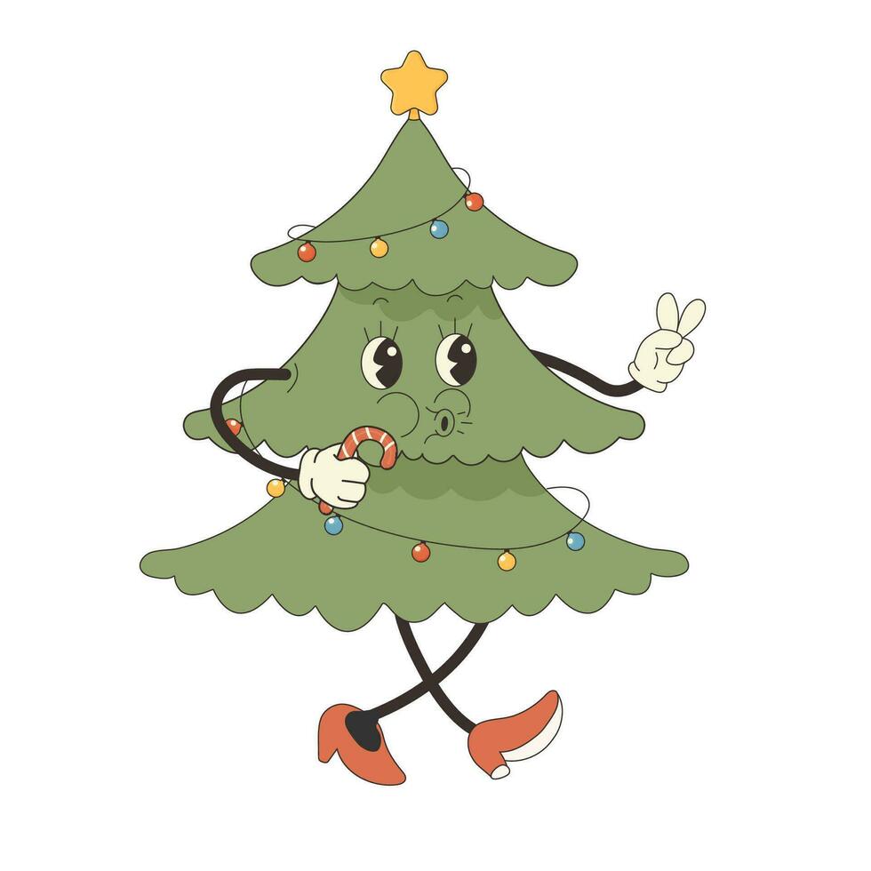 groovy xmas tree hippie, character pacing. New Years vector