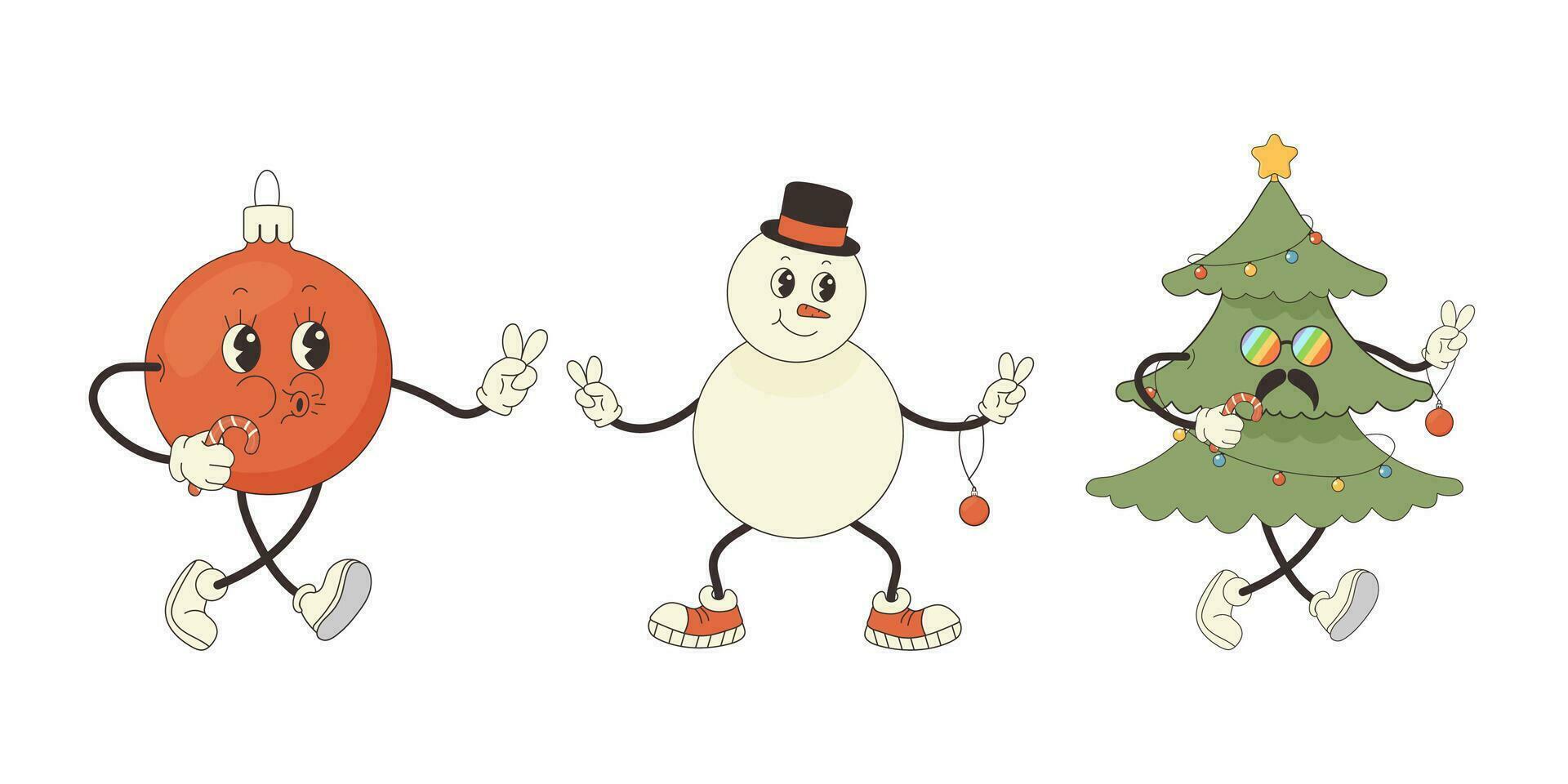 Artboard groovy characters set snowman, balloon, hippie Christmas tree. Retro style vector