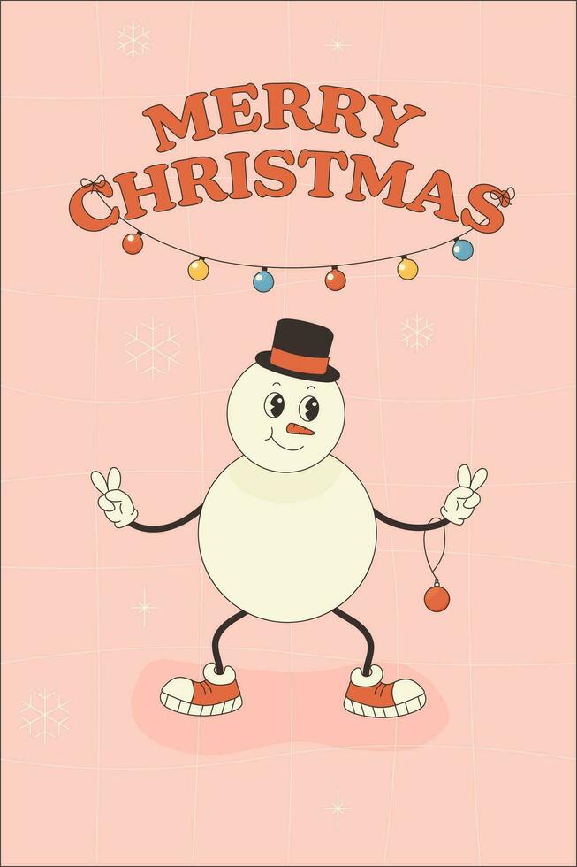 Groovy greeting card character happy new year, merry Christmas vector