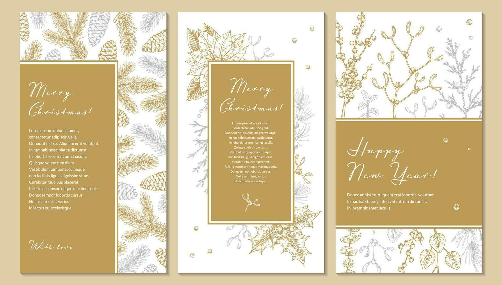 Set of Merry Christmas and Happy New Year vertical greeting cards with hand drawn golden botany elements. Vector illustration in sketch style. Festive backgrounds. Social media stories templates