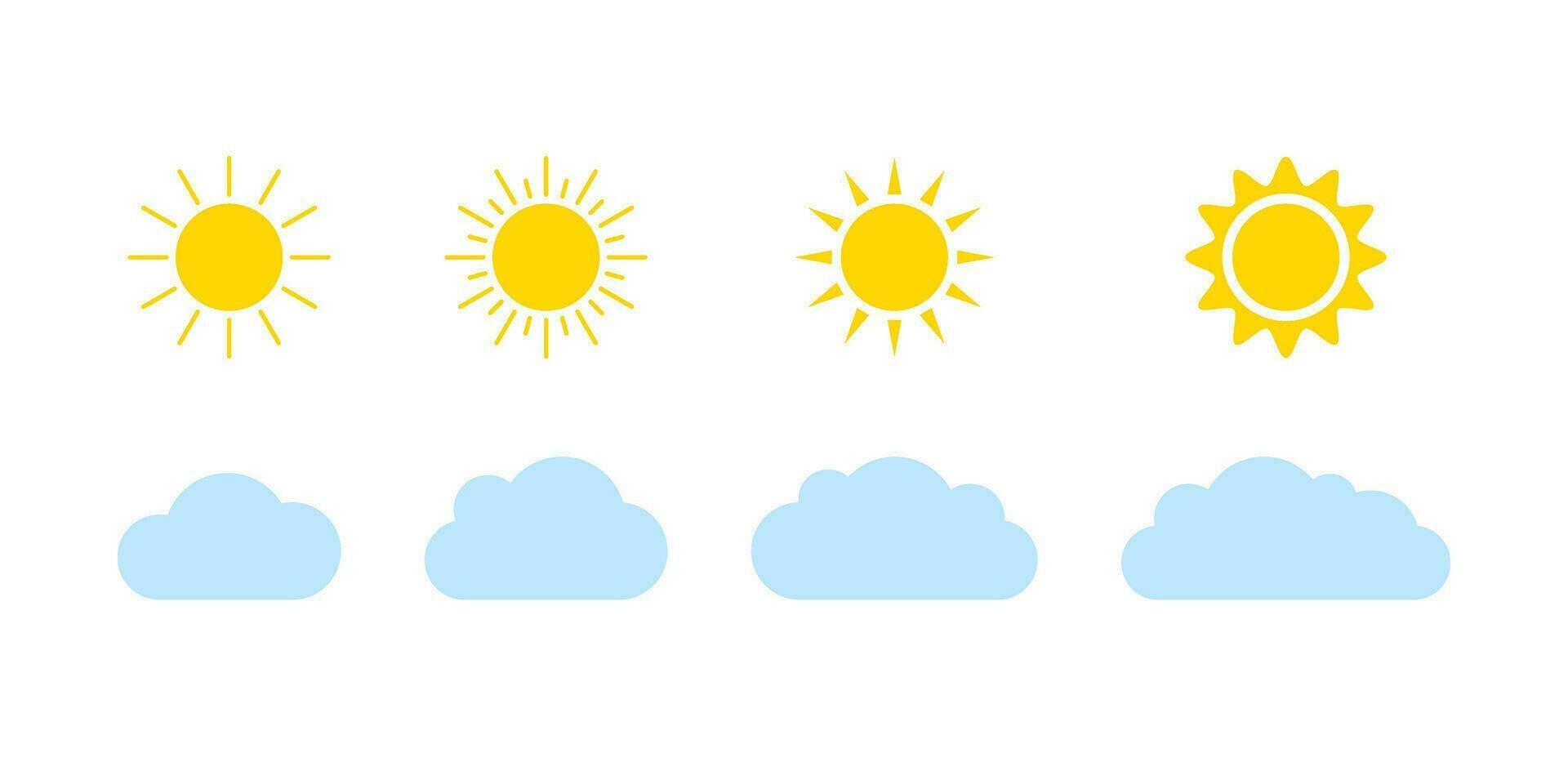 Sun and cloud on sky set, weather icon. Simple flat style of different sun and clouds. Graphic element collection. Vector illustration