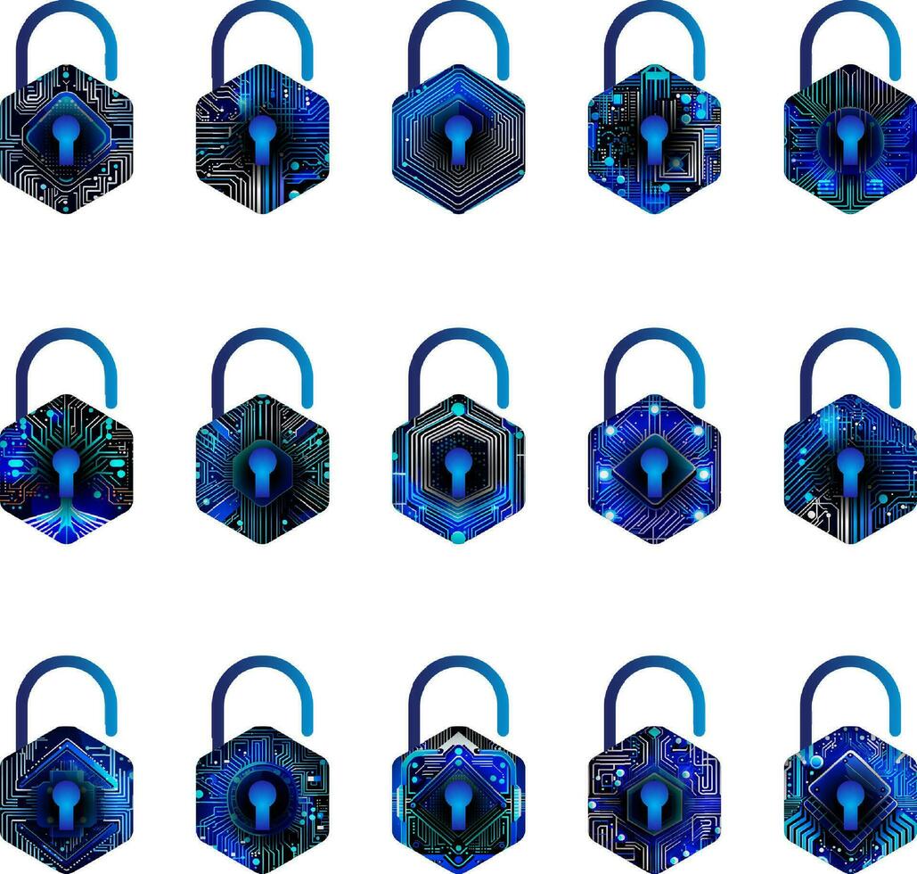 Modern Technology Cybersecurity Padlock Icon Pack vector