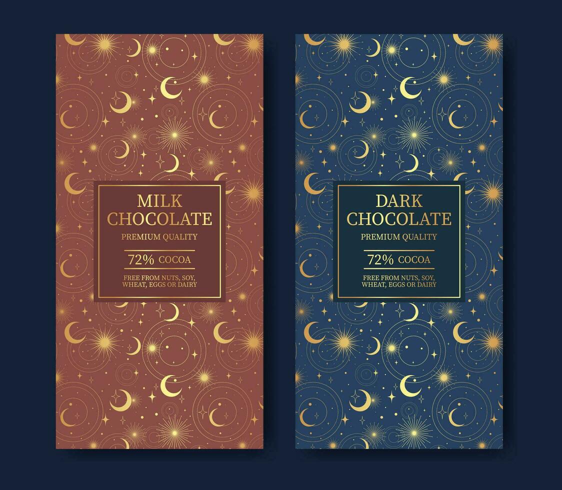 dorado chocolate paquete diseño etiqueta colocar. moderno tipografía y mano dibujado celestial elementos vector