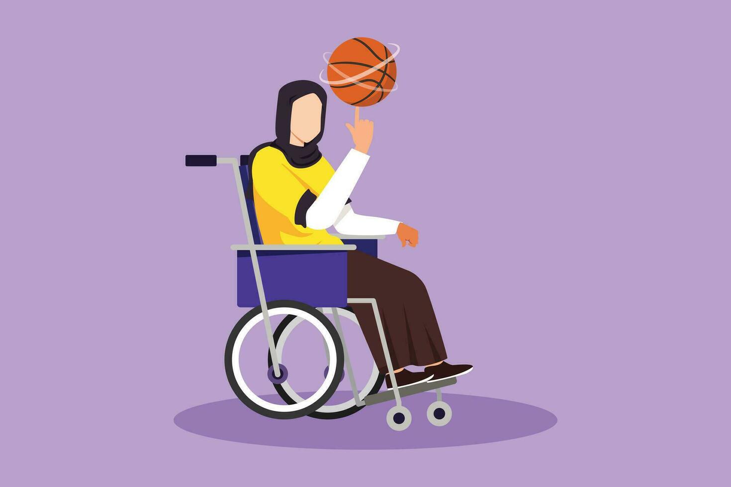 Graphic flat design drawing beautiful Arab girl in wheelchair plays basketball. Disabled person spins basketball on her finger. Exercise for people with disabilities. Cartoon style vector illustration