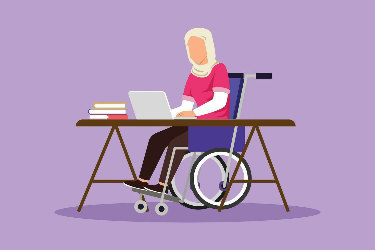 Cartoon flat style drawing young beautiful Arabian woman uses wheelchair, working with computer in office. Online job and startup. Physical disability and society. Graphic design vector illustration