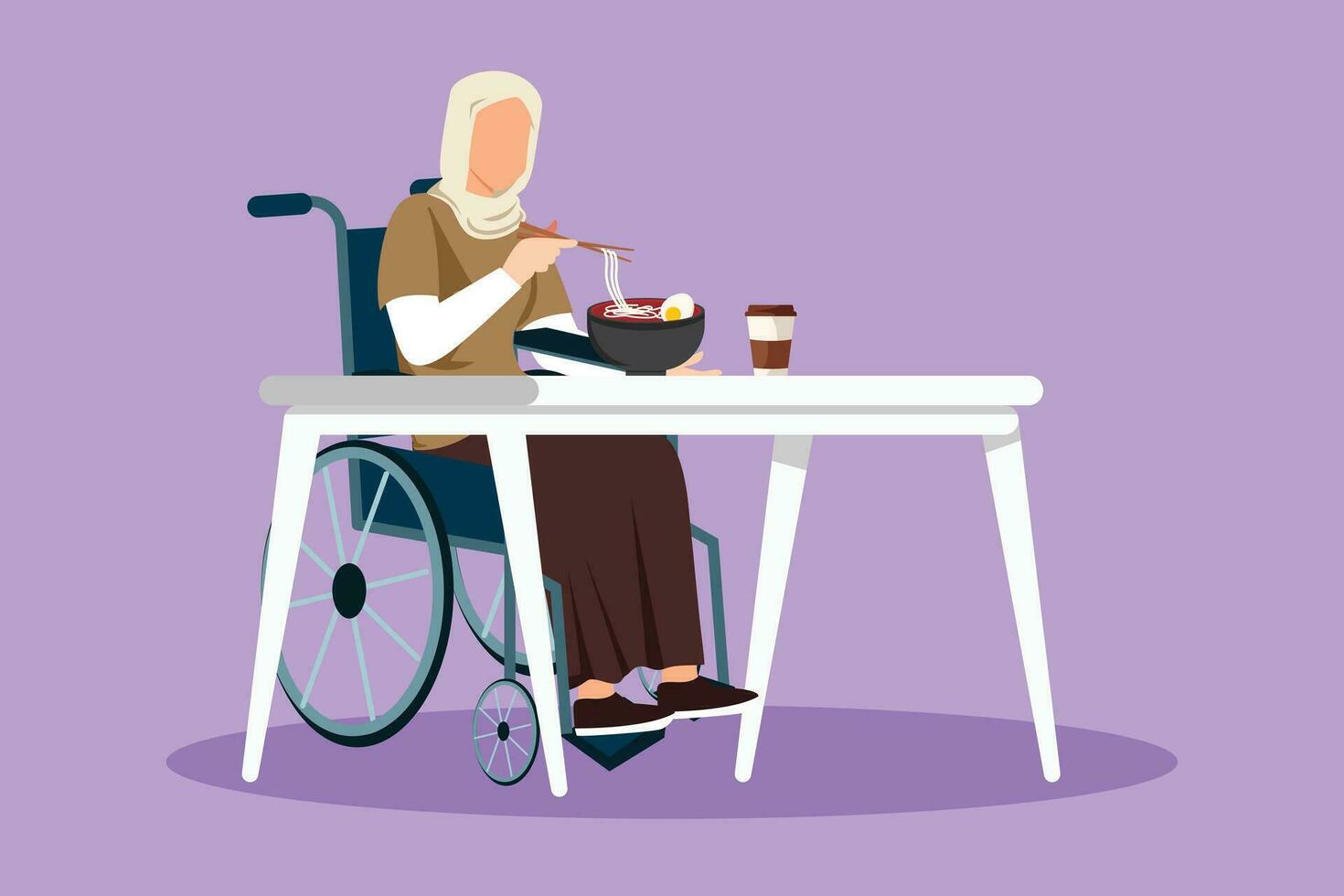 Character flat drawing pretty Arabian female wheelchair user eating ramen or noodles food sitting at table. Having lunch, snack in cafe. Society and disabled people. Cartoon design vector illustration