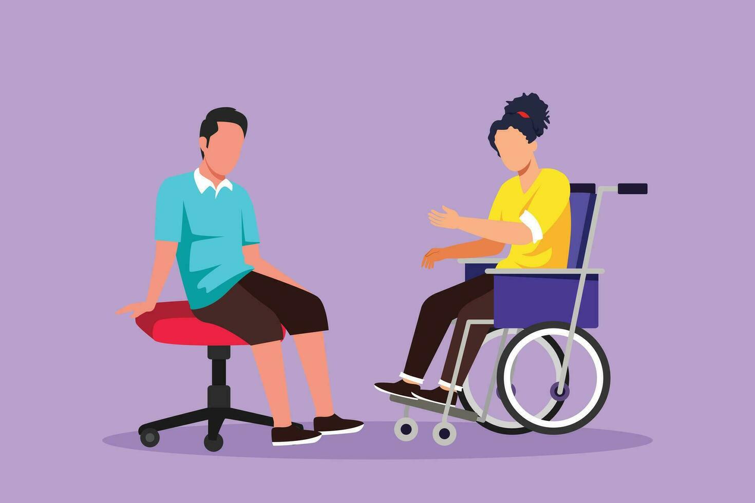 Character flat drawing two people sitting chatting, one using chair and one using wheelchair. Friendly man and woman talking to each other, human disabled society. Cartoon design vector illustration