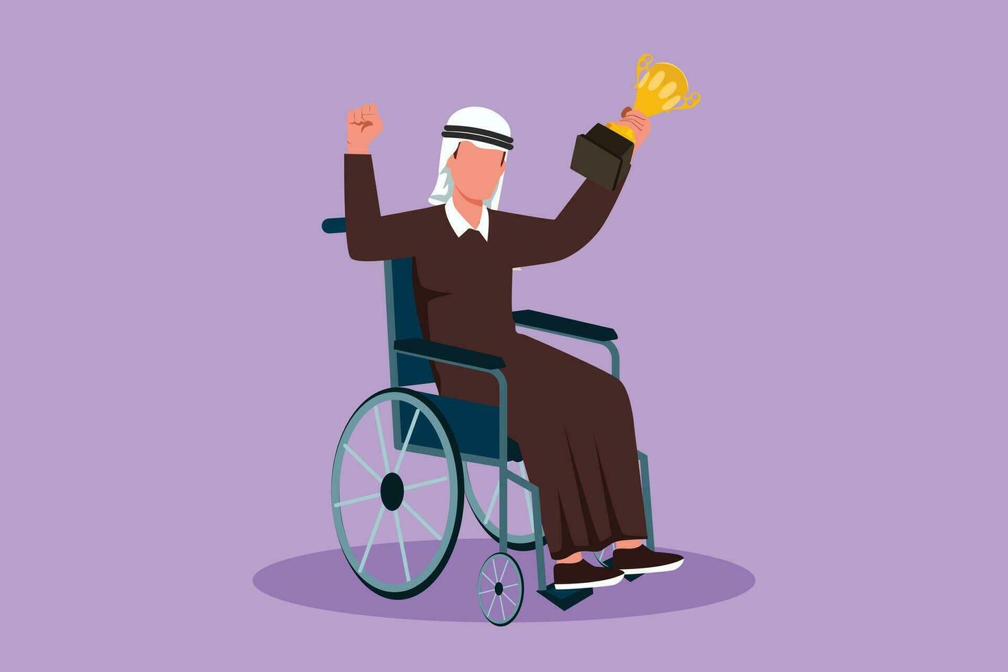 Graphic flat design drawing happy Arabian sporty man in wheelchair hold golden cup trophy winner podium. Disabled person. Tournament game competition, sport training. Cartoon style vector illustration