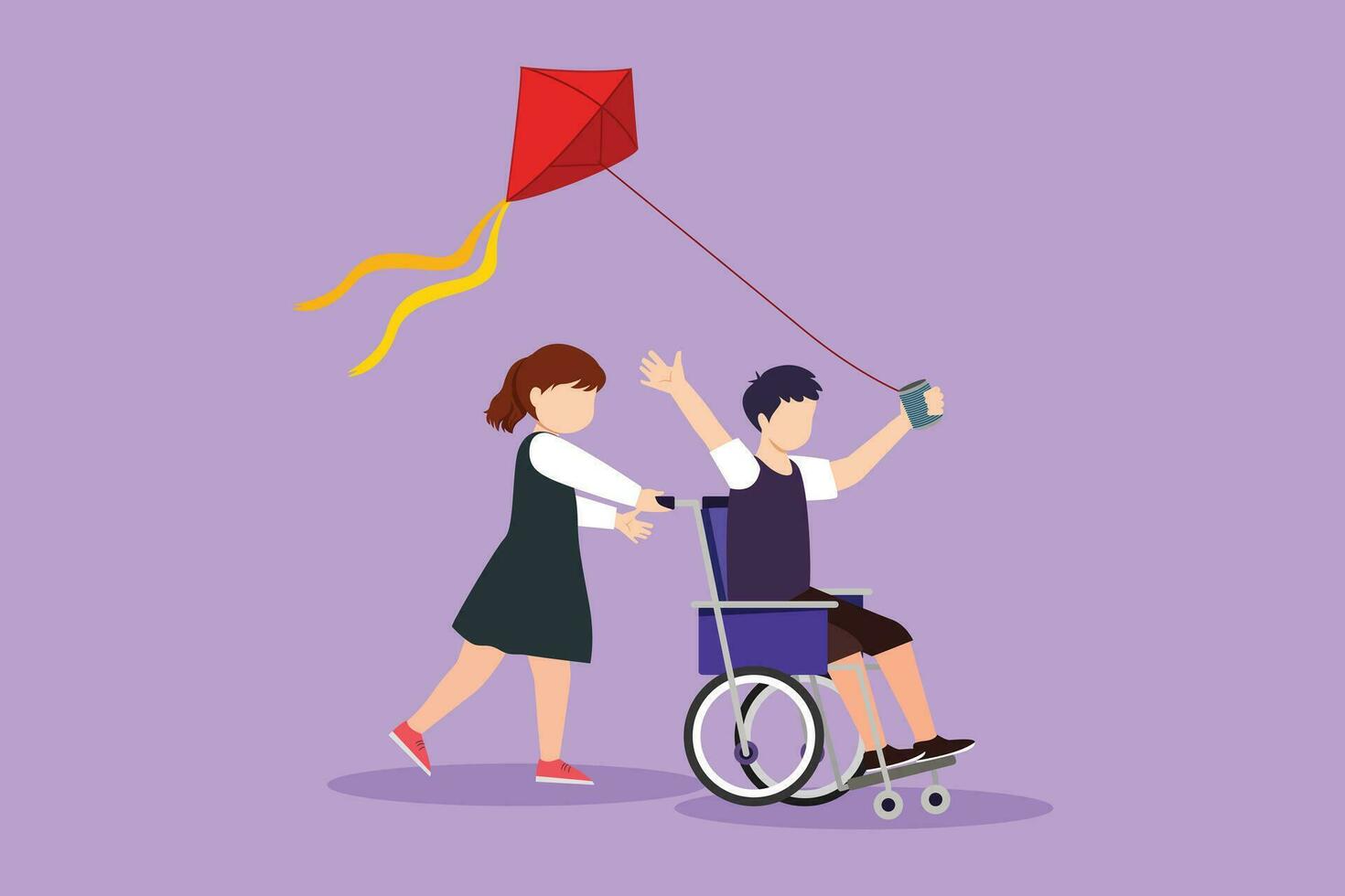 Cartoon flat style drawing happy disabled child playing kite together. Pretty little girl pushing cute boy in wheel chair with flying kite. Disabled has fun outside. Graphic design vector illustration